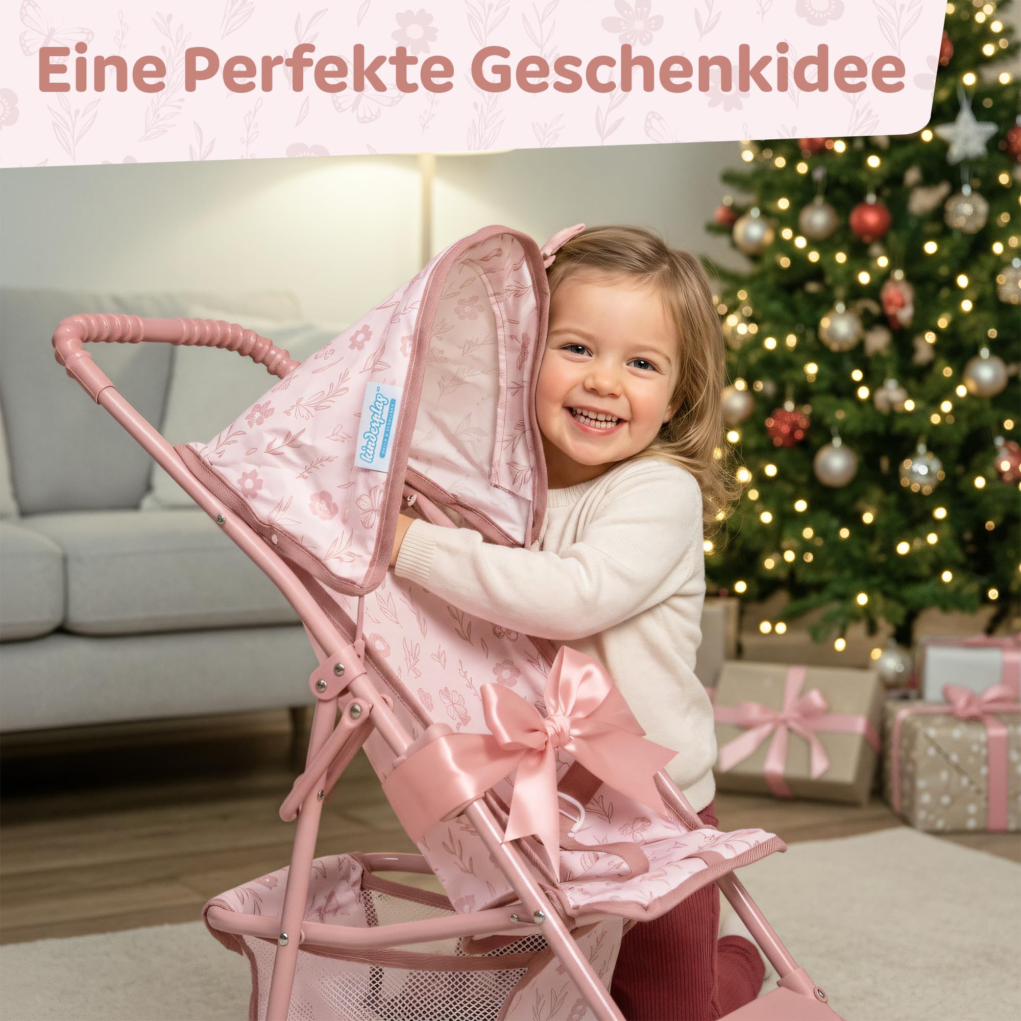 Kinderplay Puppenbuggy ab 2 Jahren – Leichter Faltbarer Puppenwagen mit Verdeck & Einkaufskorb, Stabiler Rahmen, Klappbarer Puppenkinderwagen KP0280A