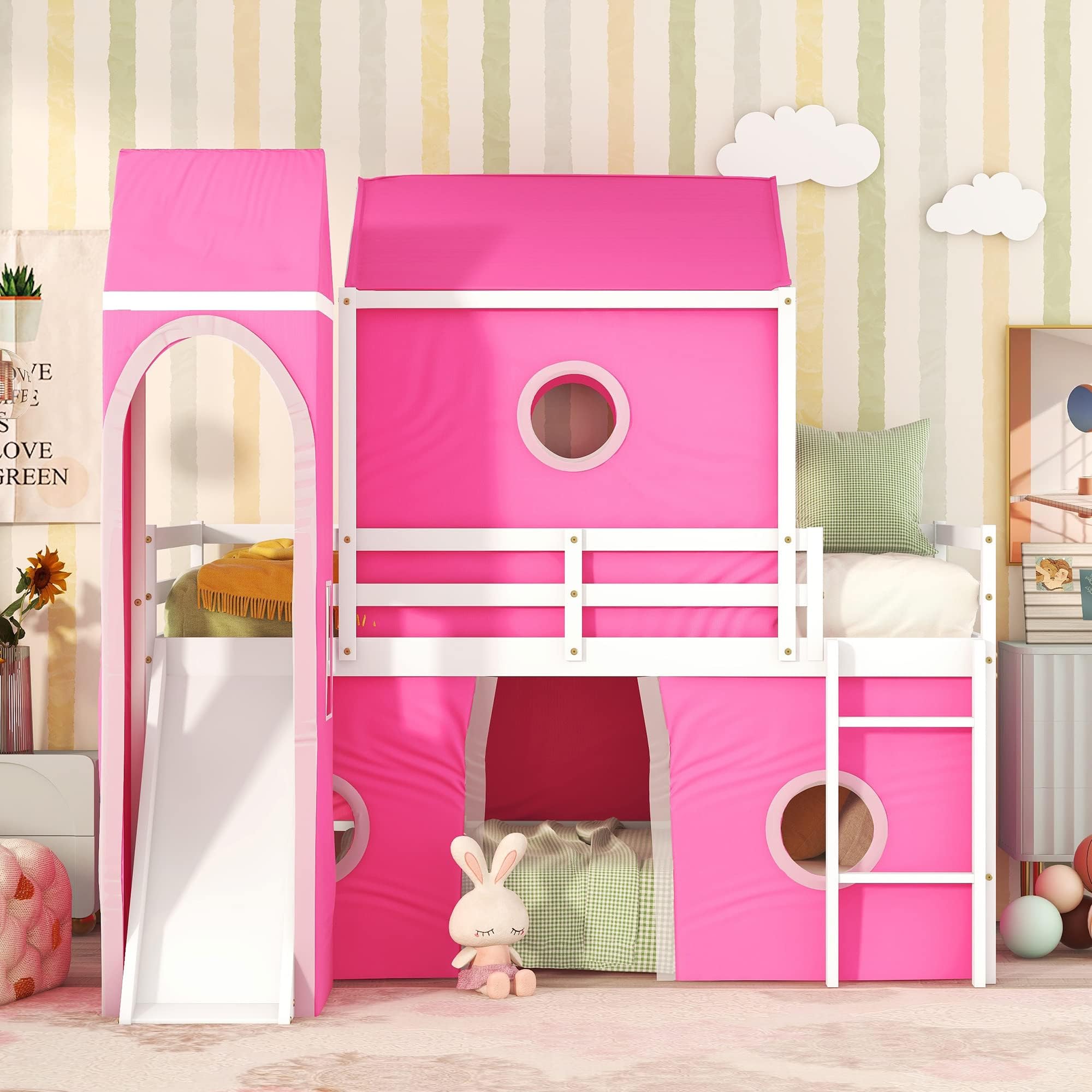 Harper & Bright Designs Twin Loft Bed with Slide & Curtains and Tower, Solid Wood Low Loft Bed Frame with Tent, Twin Floor Bunk Bed for Kids Girls Boys (Pink)
