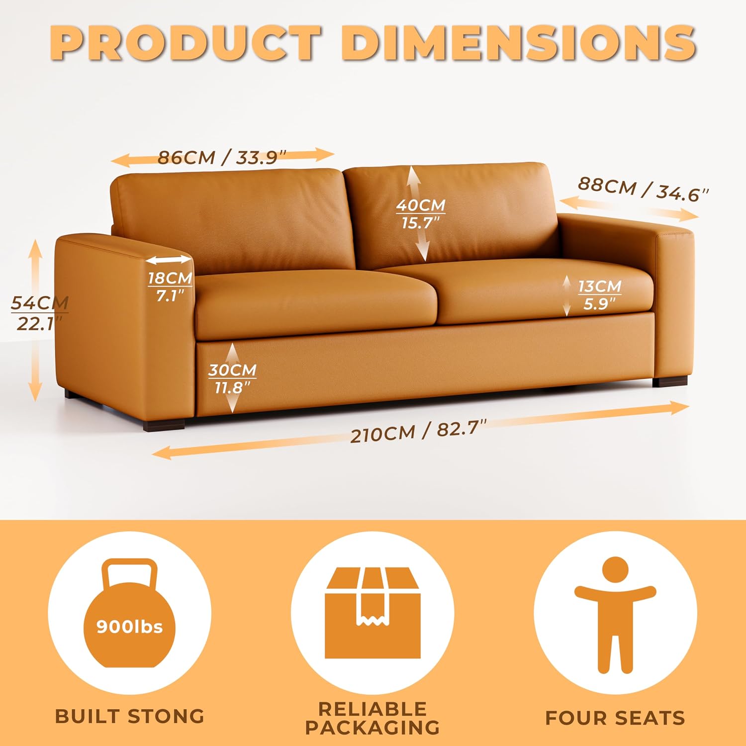 Retro Orange Leather Loveseat Mid-Century Modern 3-Seat Sectional Sofa for Living Room