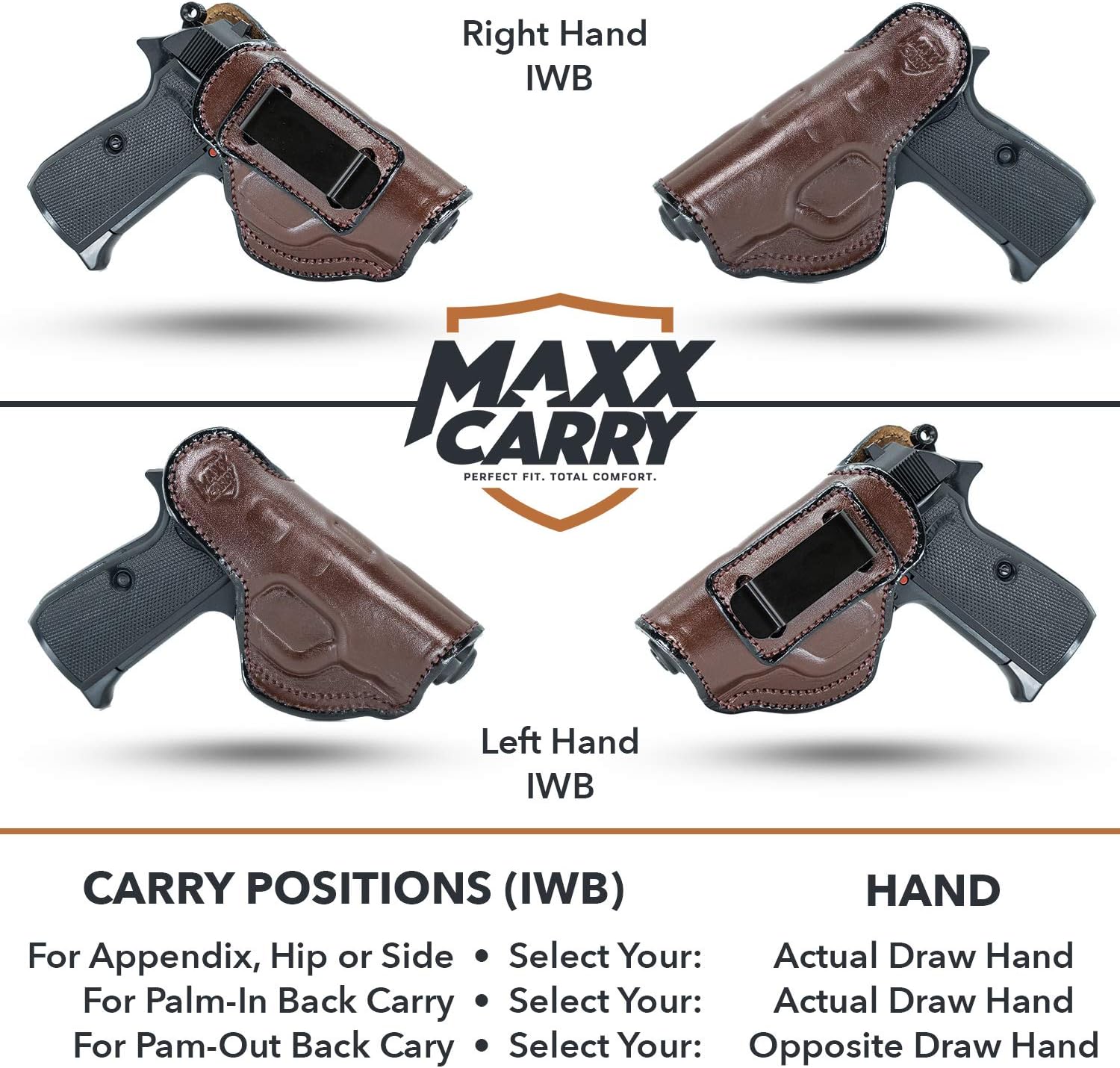 Maxx Carry IWB Leather Gun Holster for Ruger LCP, LCP II .380 ACP | Concealed Carry | Fits S&W Bodyguard 380 | Colt Mustang | Kahr CW380, P380 | Kimber Micro 380 | Sig Sauer P238 | Walther PPK