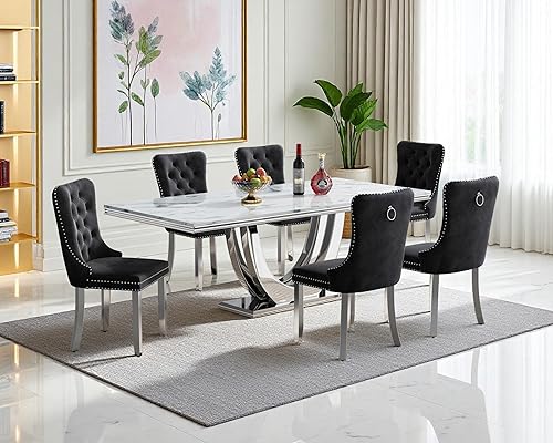 Miniatura 85 de Juego de mesa de comedor de mármol sintético, 7 piezas, juego de mesa de cocina y comedor para 6, mesa de comedor rectangular blanca de 70 pulgadas