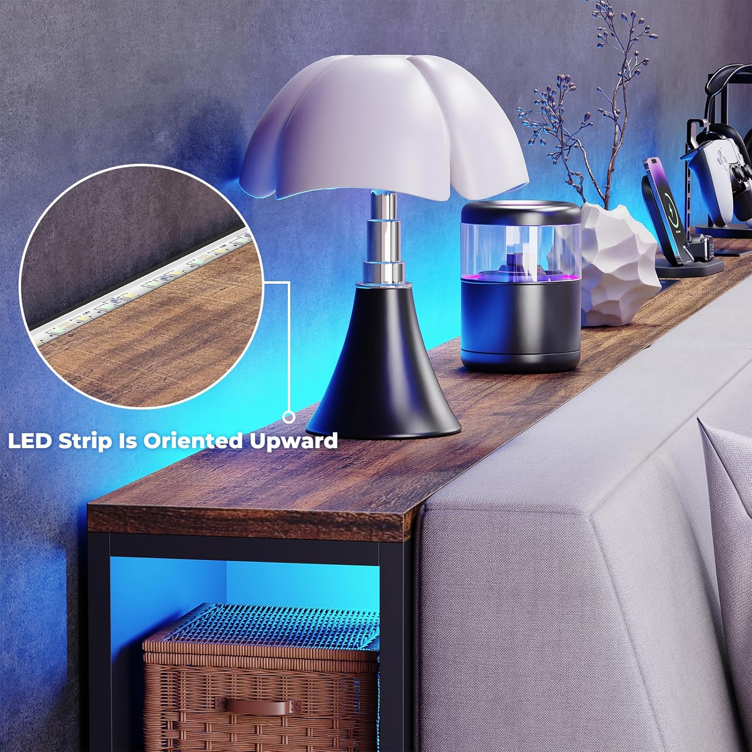 BROTTAR 79" Behind Couch Table with Lights and Bookcase, Industrial Long Sofa Table with Power Outlet & Human Body Sensor, Skinny Console Table with Storage for Entryway, Living Room (Rustic Brown)