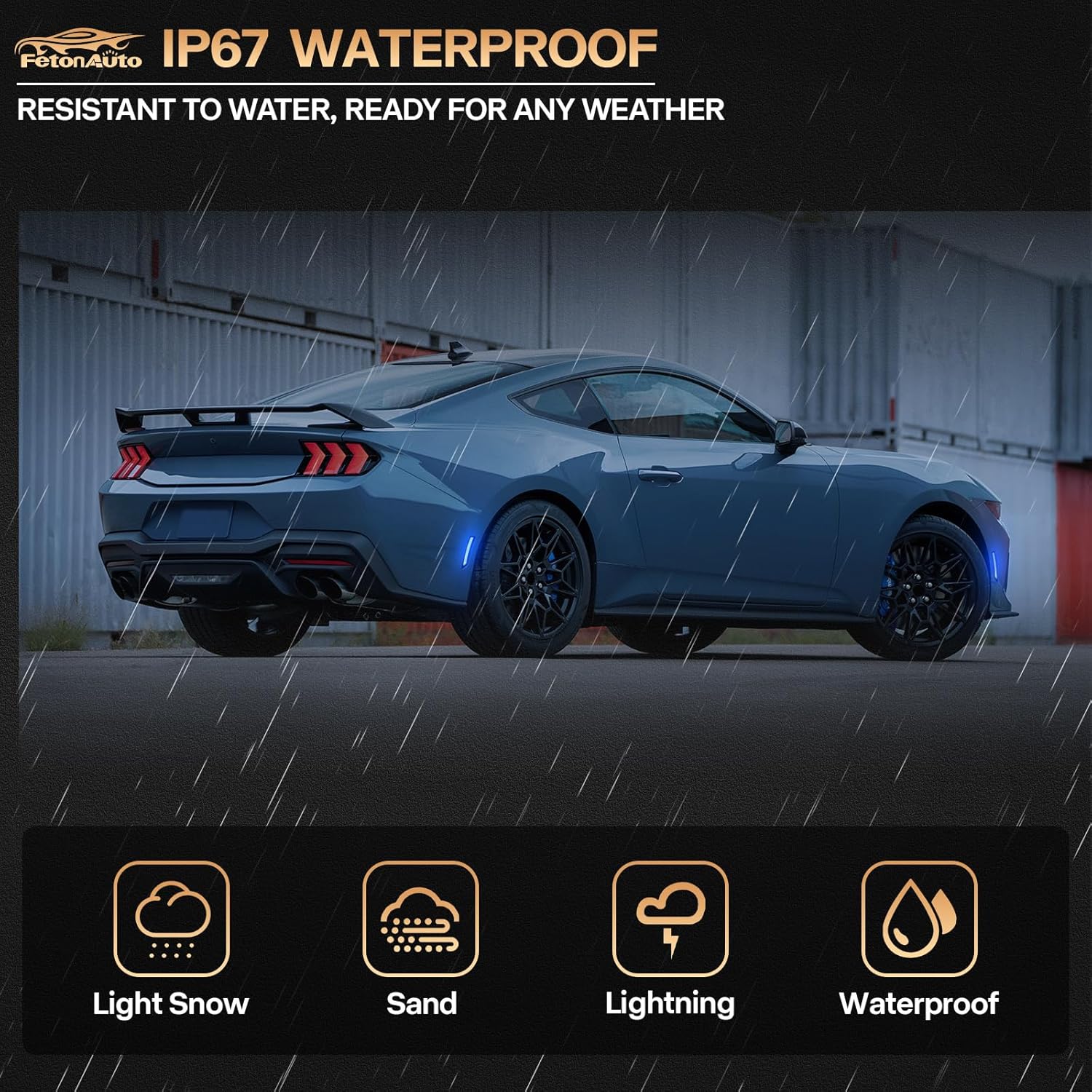 Blue LED Side Marker Lights for 2024 2025 Ford Mustang S650 Dark Horse EcoBoost GT GTD Front Rear Bumper Reflector Signal Lamps, Smoked Lens, Pack of 4