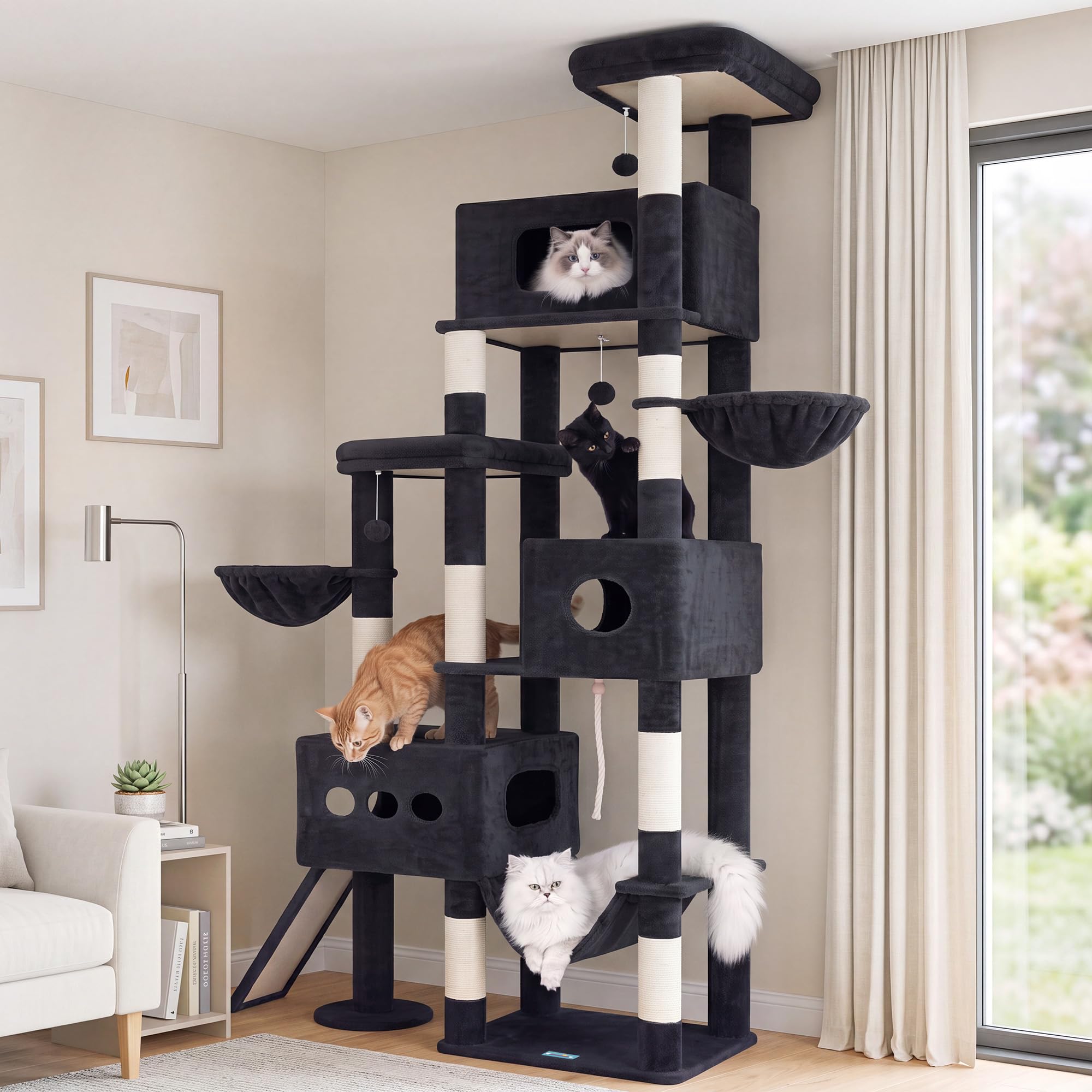 Gitelsnour Arbre À Chat 225 cm XXL – Arbre Stable pour Chats Grands, 3 Niches, 2 Paniers Suspendus, Hamac, Planche À Griffer, 2 Plates-Formes D'Observation, Socle Stable, Gris Foncé GCT808G