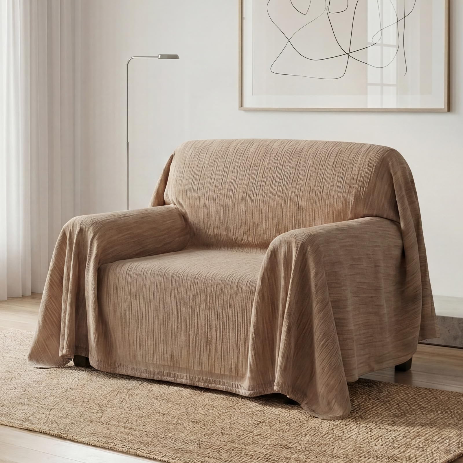 BellaHills Sofa Cover 3 Seater Chenille Sofa Covers 2 Seater Armchair Covers L Shape Sofa Slipcover Non-Slip Couch Covers with Tassel Sofa Protector for Sectional Sofa, 180x230cm, Texture Light Camel