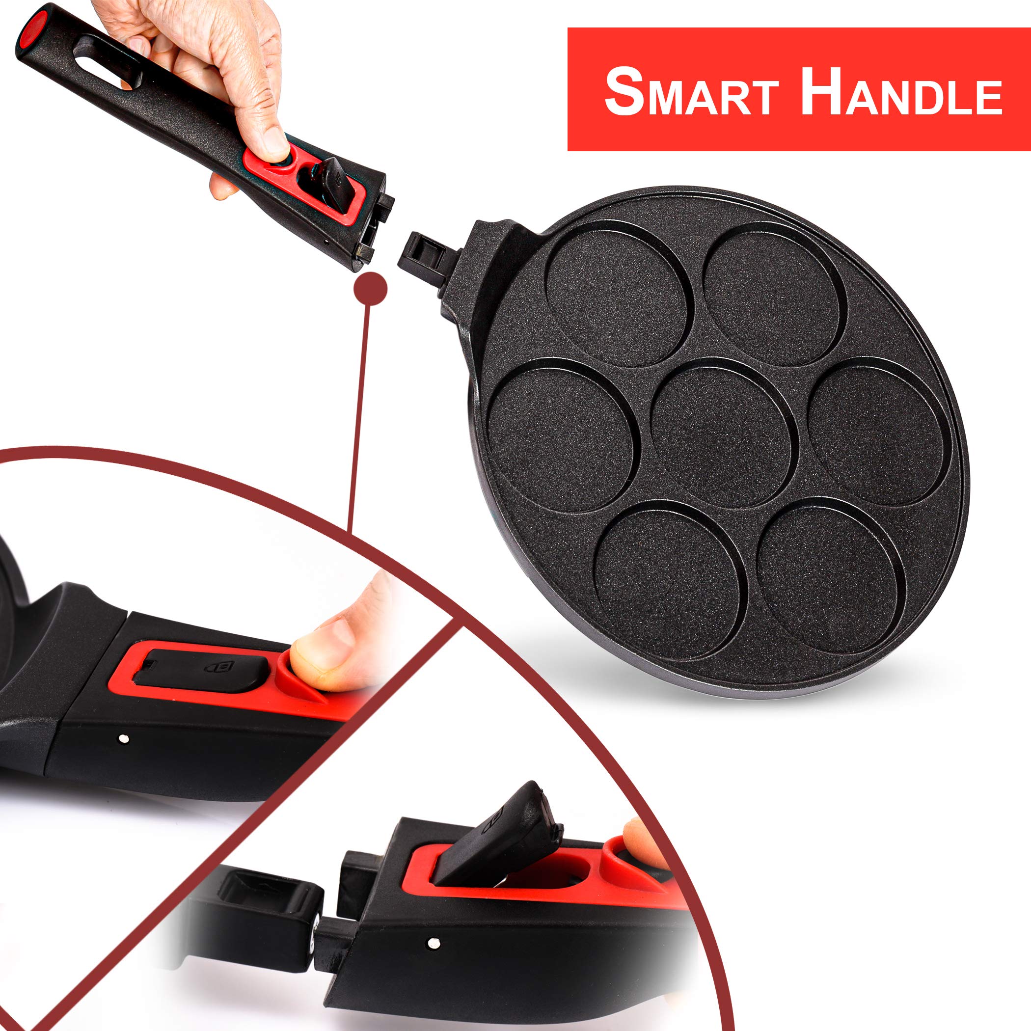 INTIGNIS Antihaft-Pfannkuchenpfanne – Mini-Pfannkuchenmaker mit mehreren Löchern und abnehmbarem Griff, Crêpe- im amerikanischen Stil mit, 7 Löchern für perfekte einzelne Pfannkuchen - 27cm