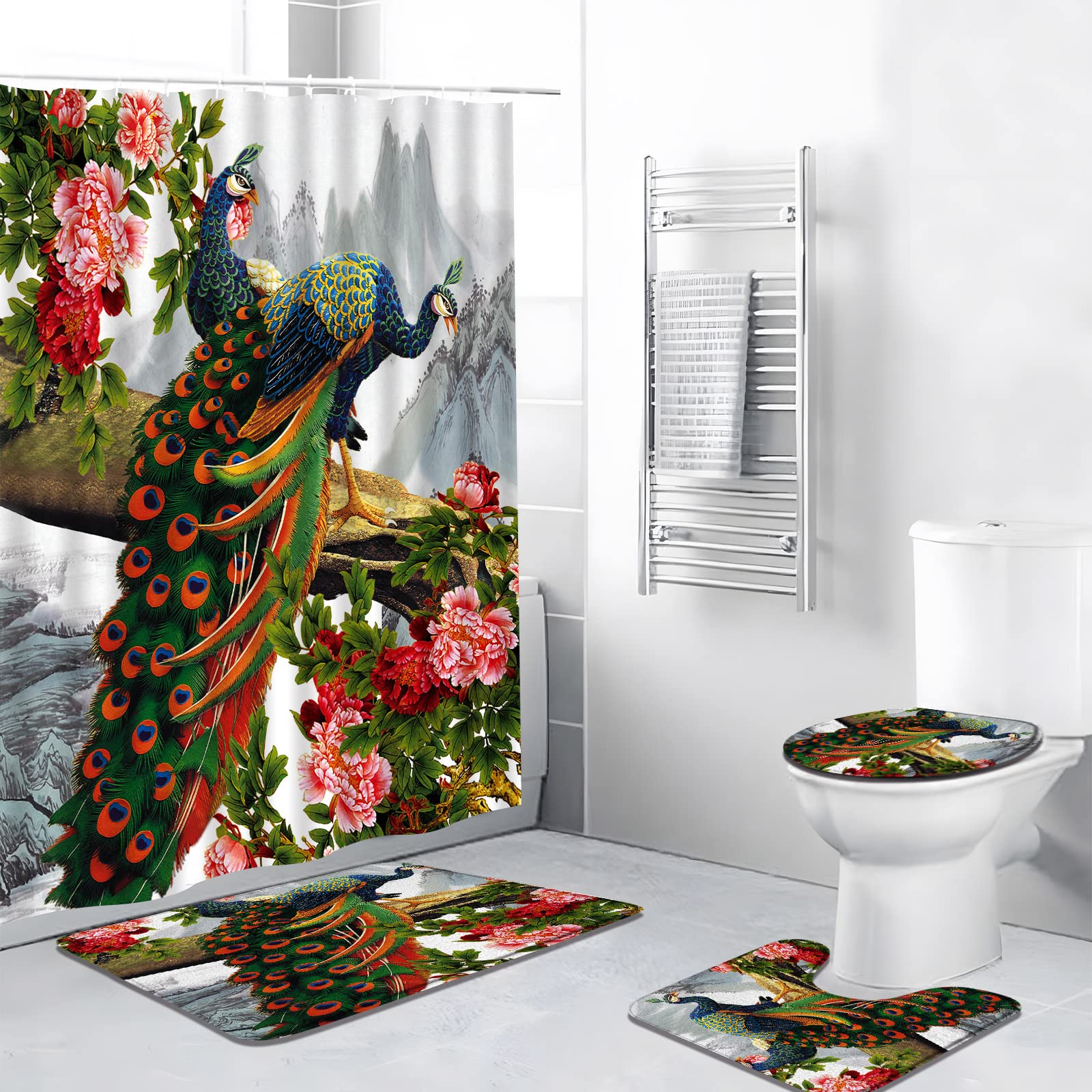 Yadshoti Peacock Bath Rugs Beautiful Flower Bird Peony Floral Plant Scenery Polyester Curtain and Flannel Non-Slip Rug Toilet Lid Cover U Shape Mat 4pcs/Set