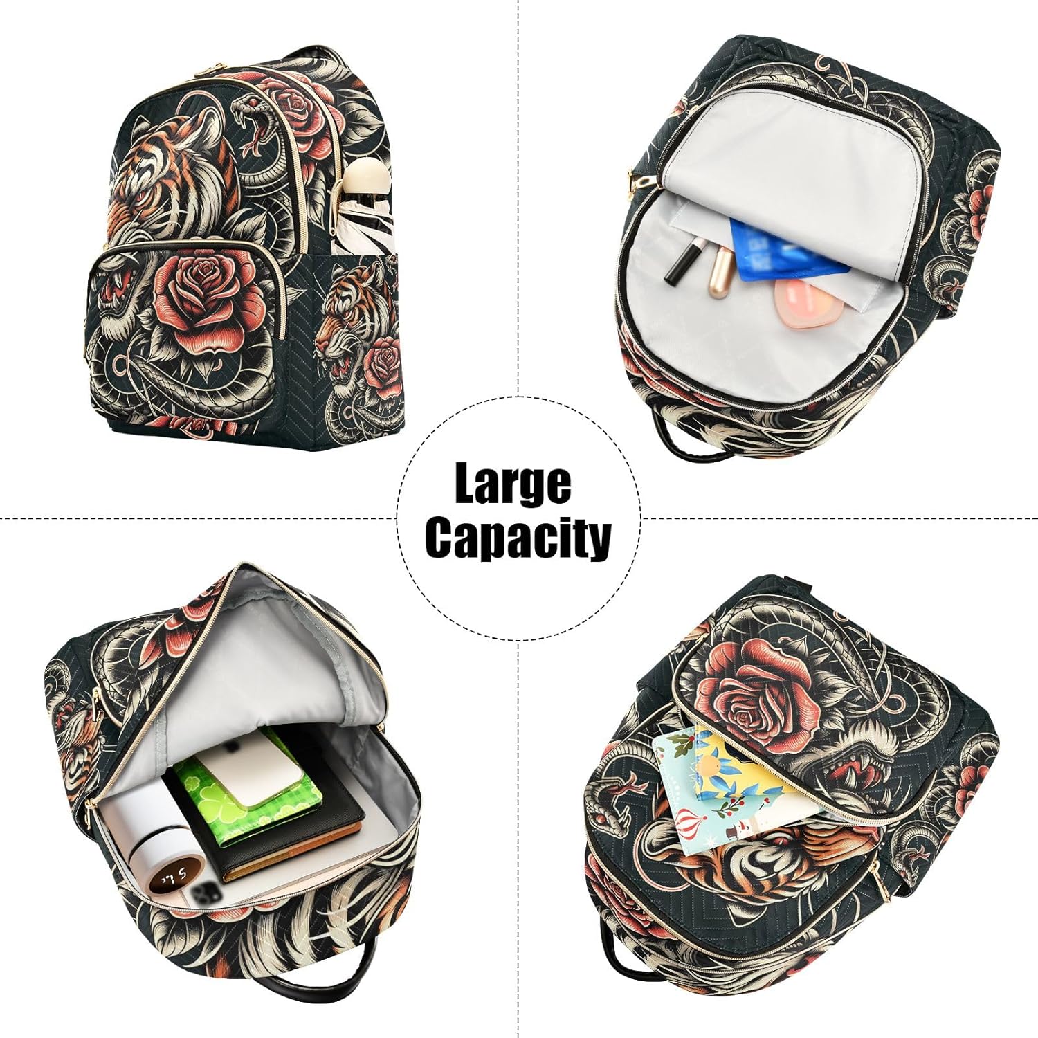 Mini Backpack Purse for Women, Head Tiger Snake Red Rose Travel Bag Casual Daypack Shoulder Bag