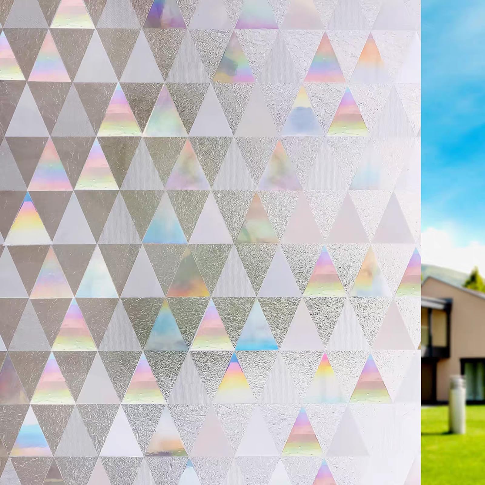 Alvorox Window Privacy Film, Triangle Decorative Rainbow Holographic Glass Door Window Film, Frosted UV Blocking Static Cling 3D Suncatcher Decals Windows Covering (60x200cm)