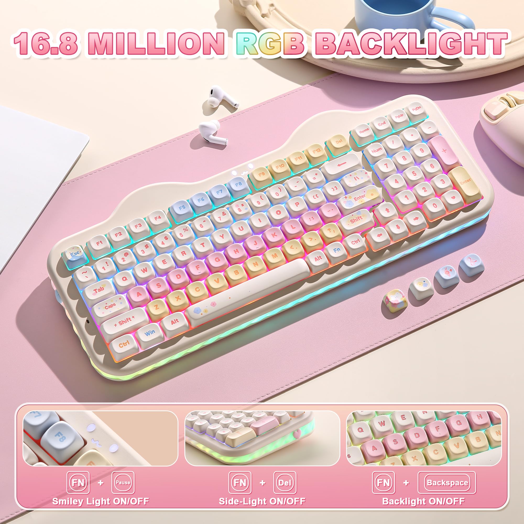 YUNZII C98 Clavier Gamer Mecanique sans Fil avec Pavé Numérique, 99 Touches PBT MOA, BT5.0/2,4G/USB-C, Rétroéclairage RGB, Hot Swap, Gasket Mount, à Thème Gâteau pour Windows/Mac (Beige, Milk V2)