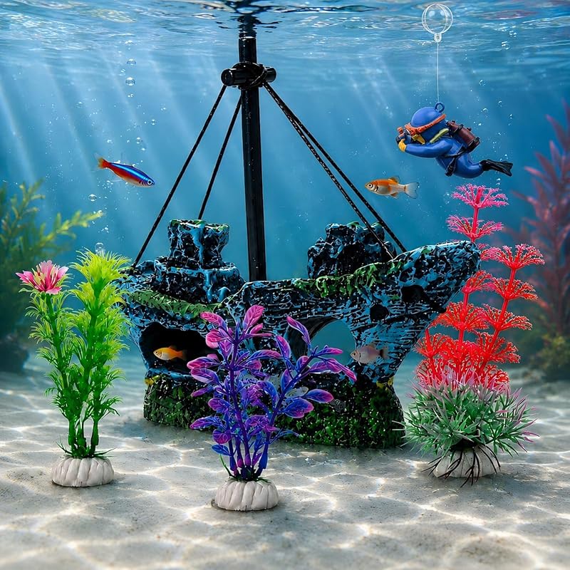 Enfeites para Aquário em Resina com Navio Naufragado e Plantas Coloridas SZSHCSMY