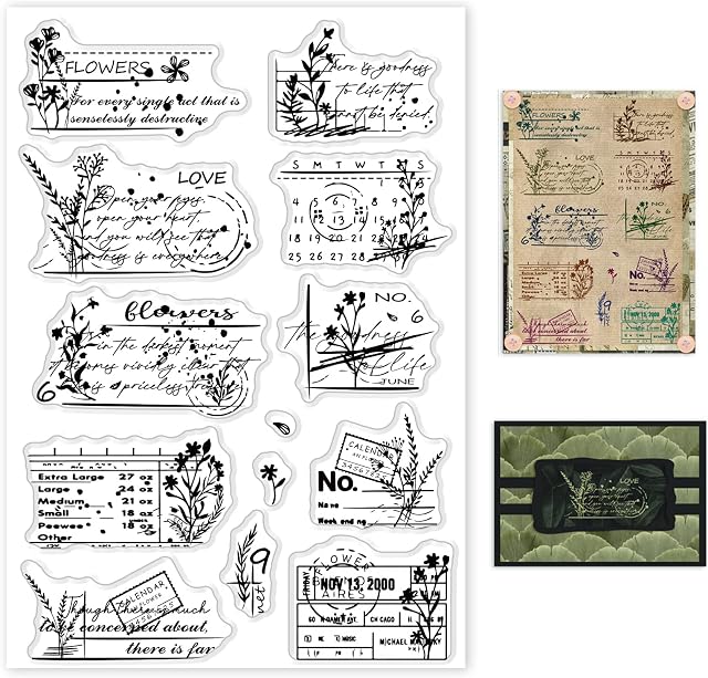 GLOBLELAND Retro Flower Calendar Background Clear Stamps Floral Words Silicone Clear Stamp Seals for Cards Making DIY Scrapbooking Photo Journal Album Decoration