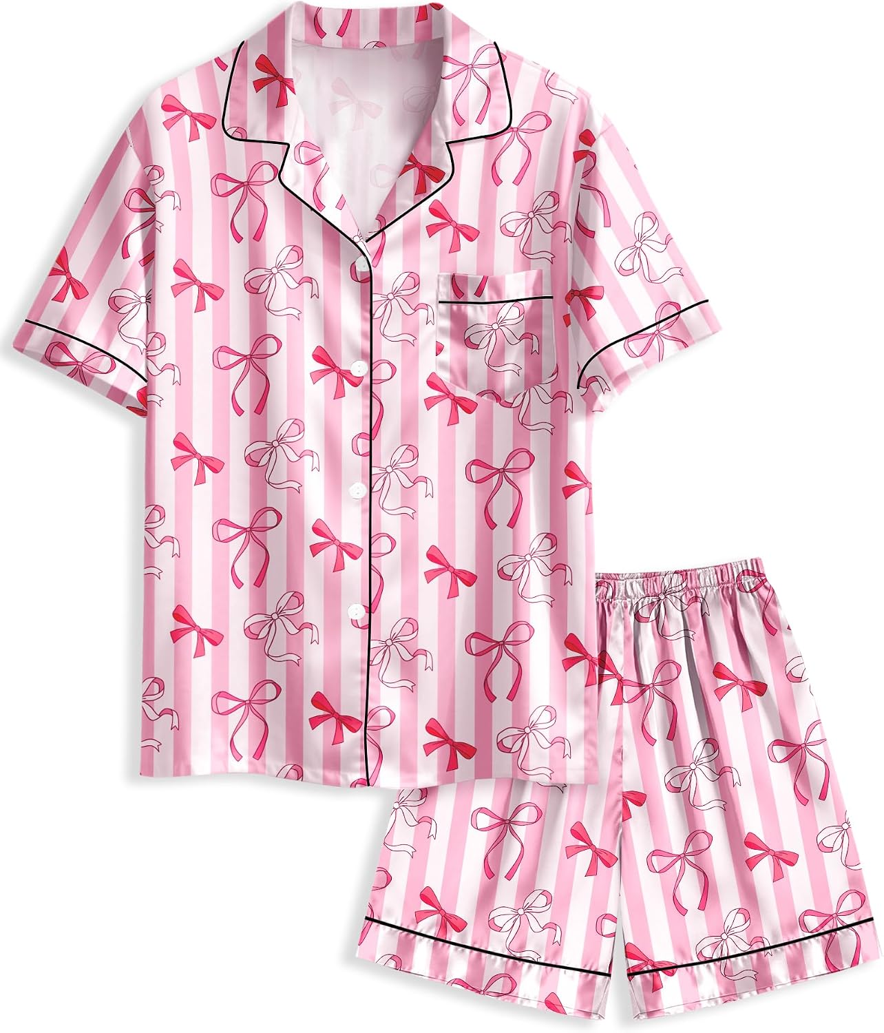 Girls Pajamas Satin Pajama Set Silk Pjs Short Sleeve Button Down Summer Bow Sleepwear for Big Kids 7-14Y