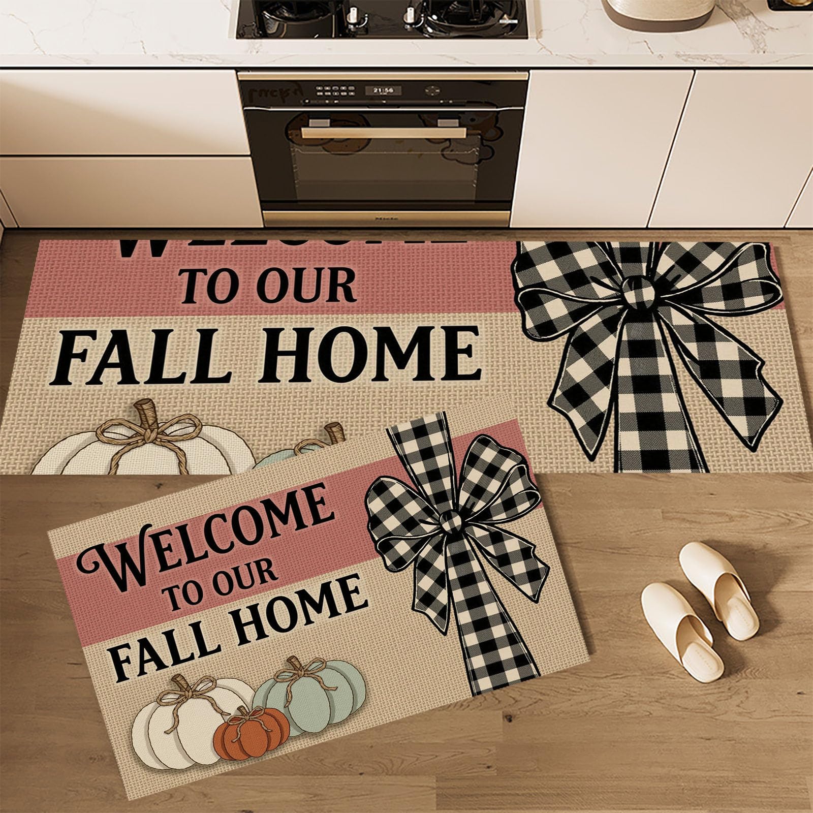 Tapis de sol citrouille beige pour une cuisine style champêtre chaleureuse