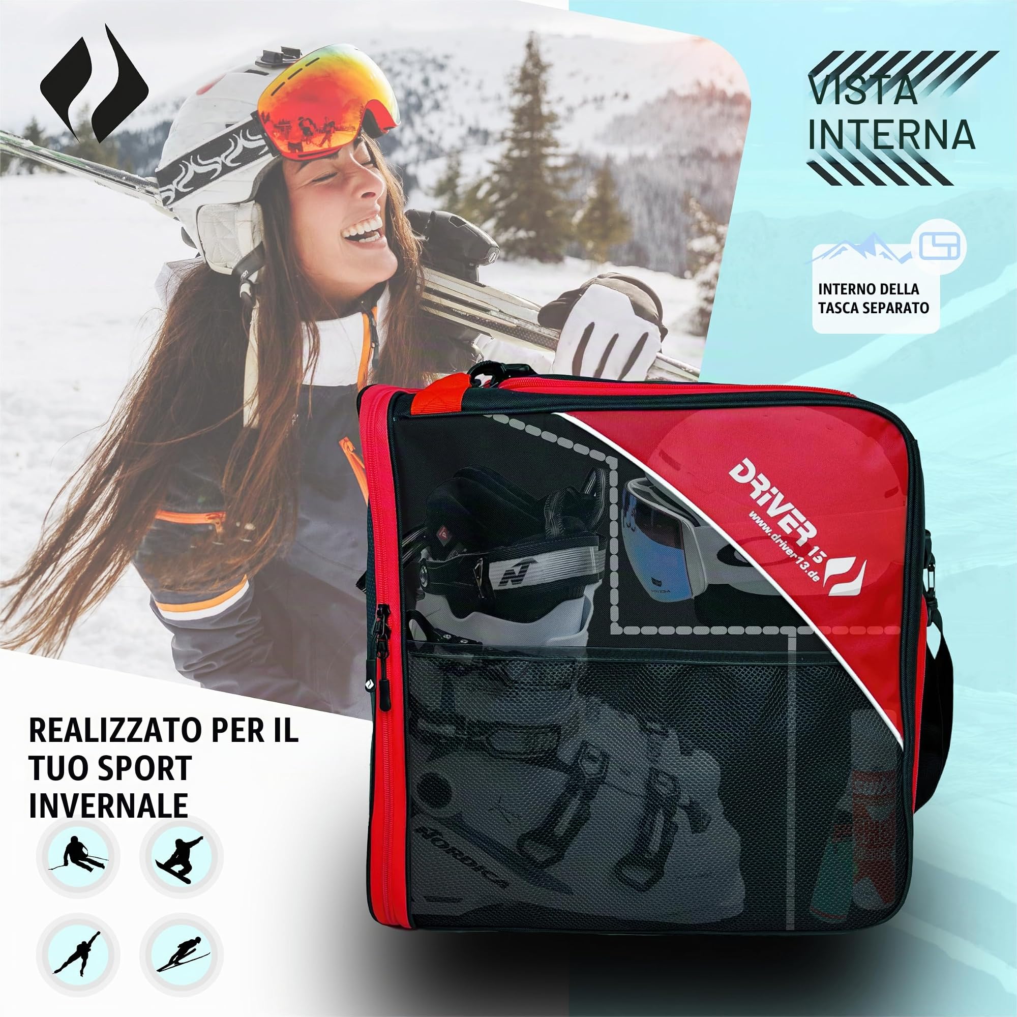 Driver13 Borsa per stivali da sci con scomparto per stivali, per stivali o snowboard (nero-rosso)