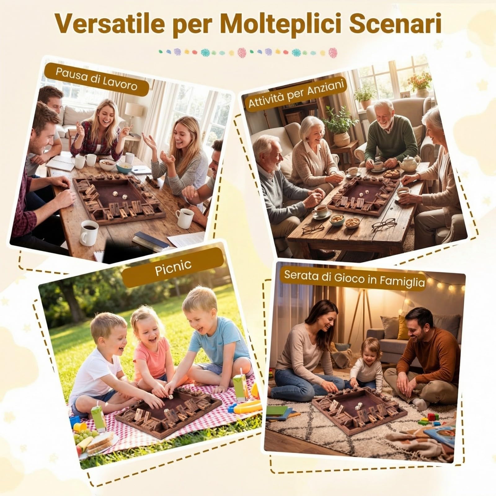 COSTWAY Gioco Chiudi la Scatola per 2-4 Giocatori, Gioco da Tavolo in Legno a 4 Lati con 2 Dadi, Giocattolo Matematico Educativo per Bambini e Adulti per Famiglia e Festa 30 x 30 x 3,8 cm (Marrone)