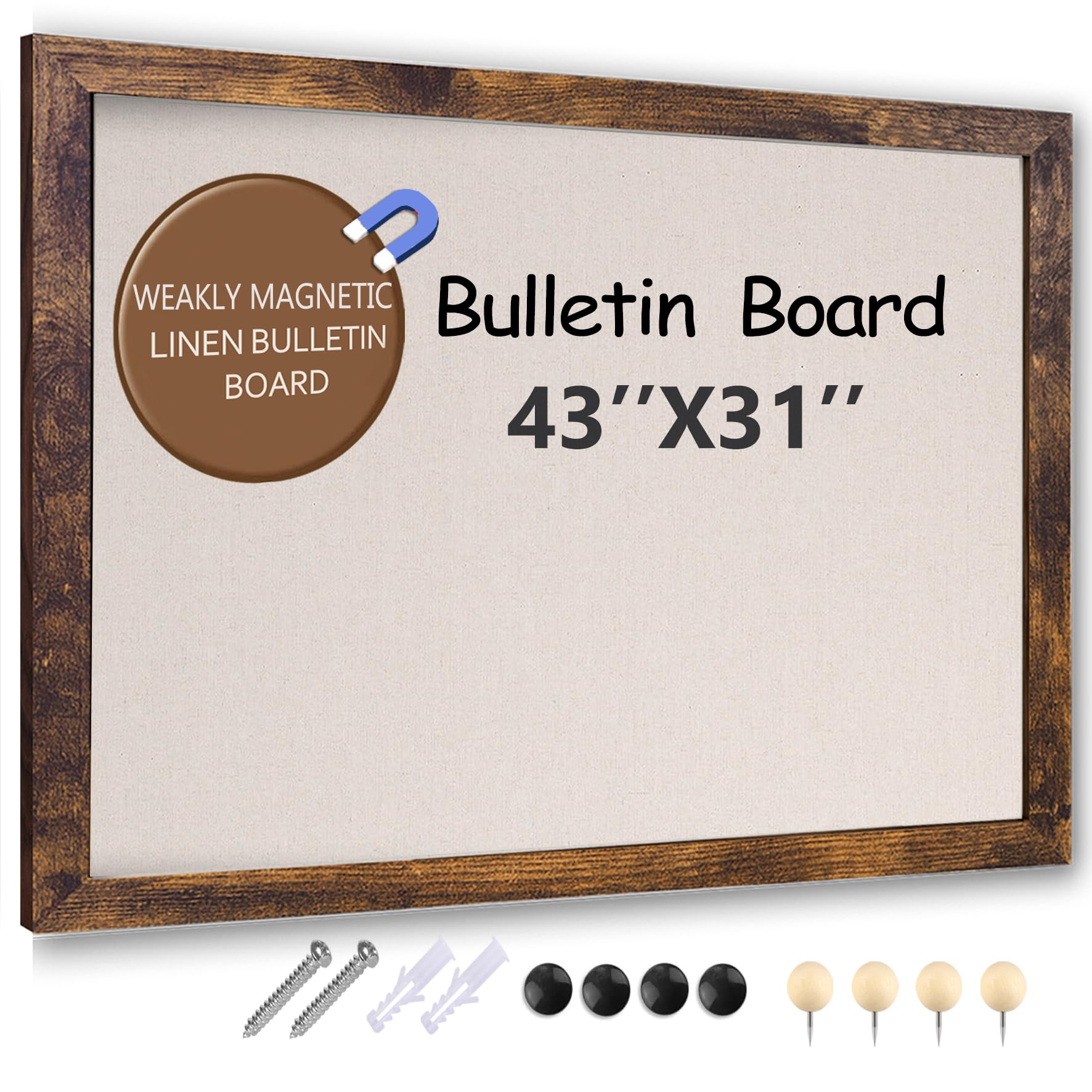 Large Magnetic Bulletin Board 43 x 31 Inch for Wall,Rustic Framed Cork Board with Linen for Home Office School,with 4 Push pins, 4 Magnets