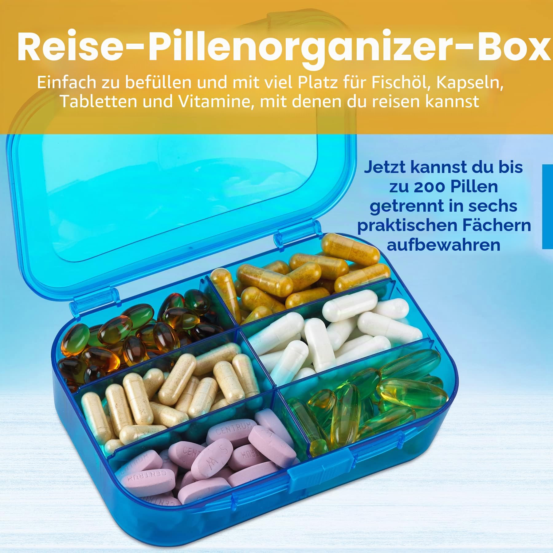 Tabletten-Aufbewahrungsbox mit 6 Fächer, tragbare Aufbewahrungsbox für deine Tabletten, Medikamente, Nahrungsergänzungsmittel, Vitamine und Fischöle, 