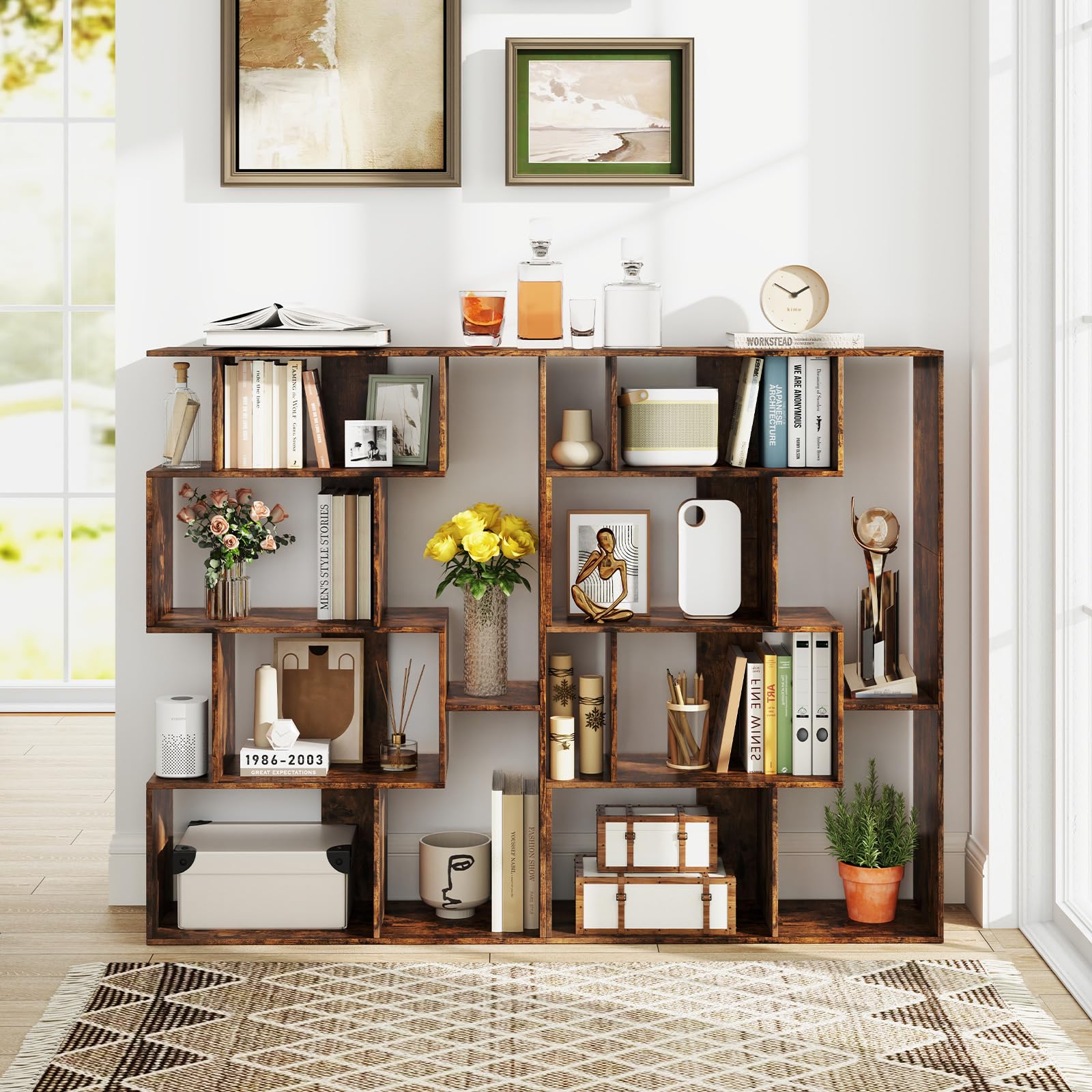 COSTWAY Librería Geométrica de 6 Cubos, Estanteria Libros Abierta, Separador de Espacios, Biblioteca Dormitorio Estudio Salon, 80 x 30 x 119cm (café)