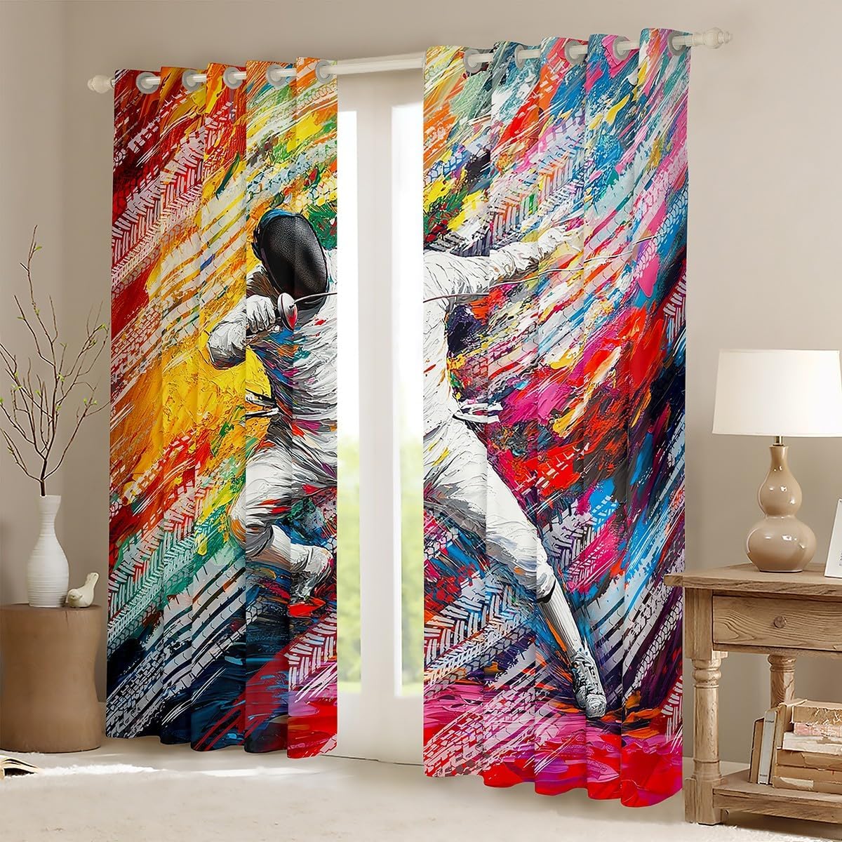 Castle Fairy Fencing Curtains for Living Room,Sports Game Athlete Window Drapes Bedroom Blackout 30%-50%,Sporting Hippie Graffiti Chic Window Treatment Grommet Top 2 Panels Decor,38Wx45L