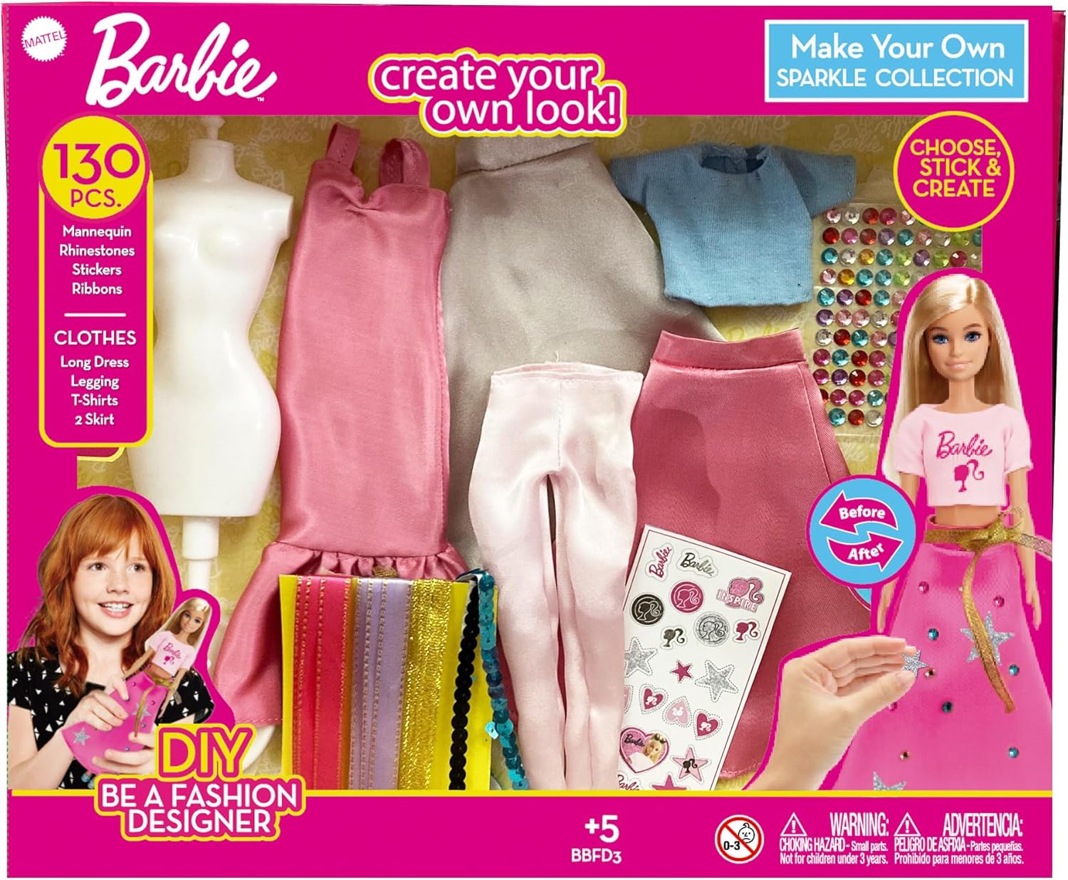 Barbie DIY Sparkle Fashion Designer Set – 130-Piece Dress-Up Kit | Design Clothes for Dolls with Rhinestones, Ribbons, Stickers & Mannequin | Sparkle Barbie Clothing Gift for Girls Ages 5+
