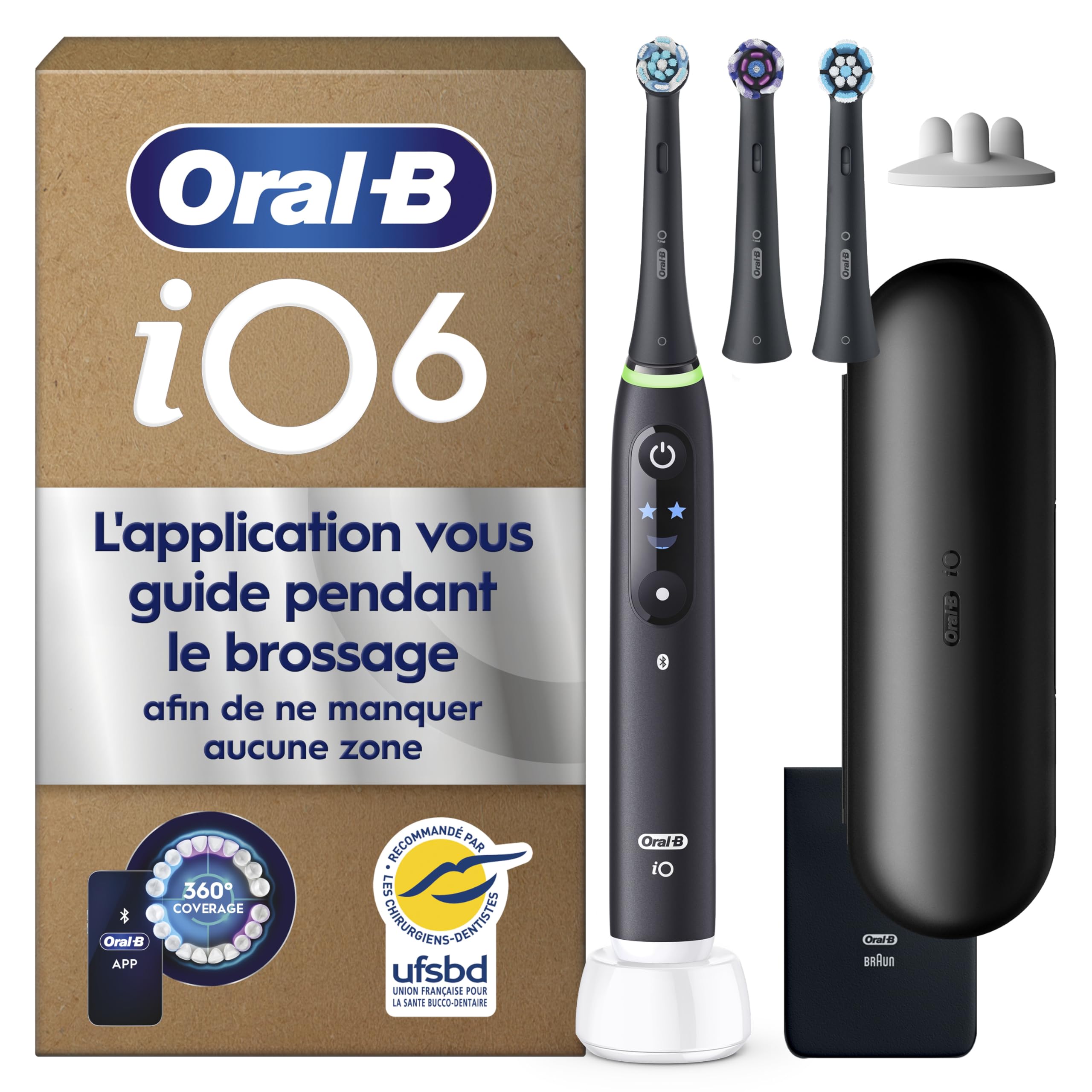 Oral-B Brosse à Dents Electrique iO 6, 3 Brossettes de Rechange, Noire – 5 Modes de Brossage dont Blancheur et Soin des Gencives, Capteur de Pression, Batterie Rechargeable, Etui, en Carton