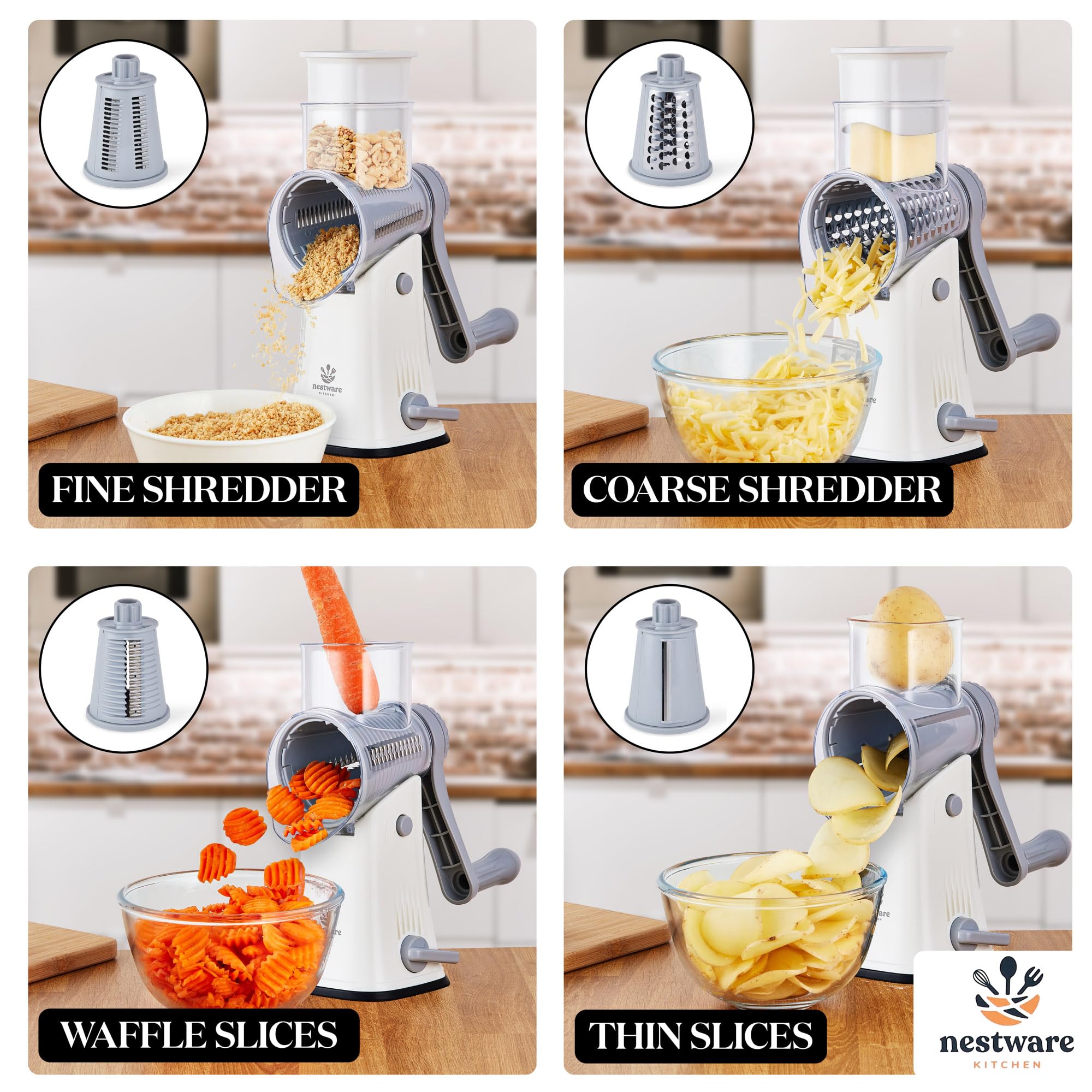 Rotary Cheese Grater 5 Blade Cheese Shredder Reinforced Suction & 5 Interchangeable Drums - Easy to Use Vegetable Chopper (White)