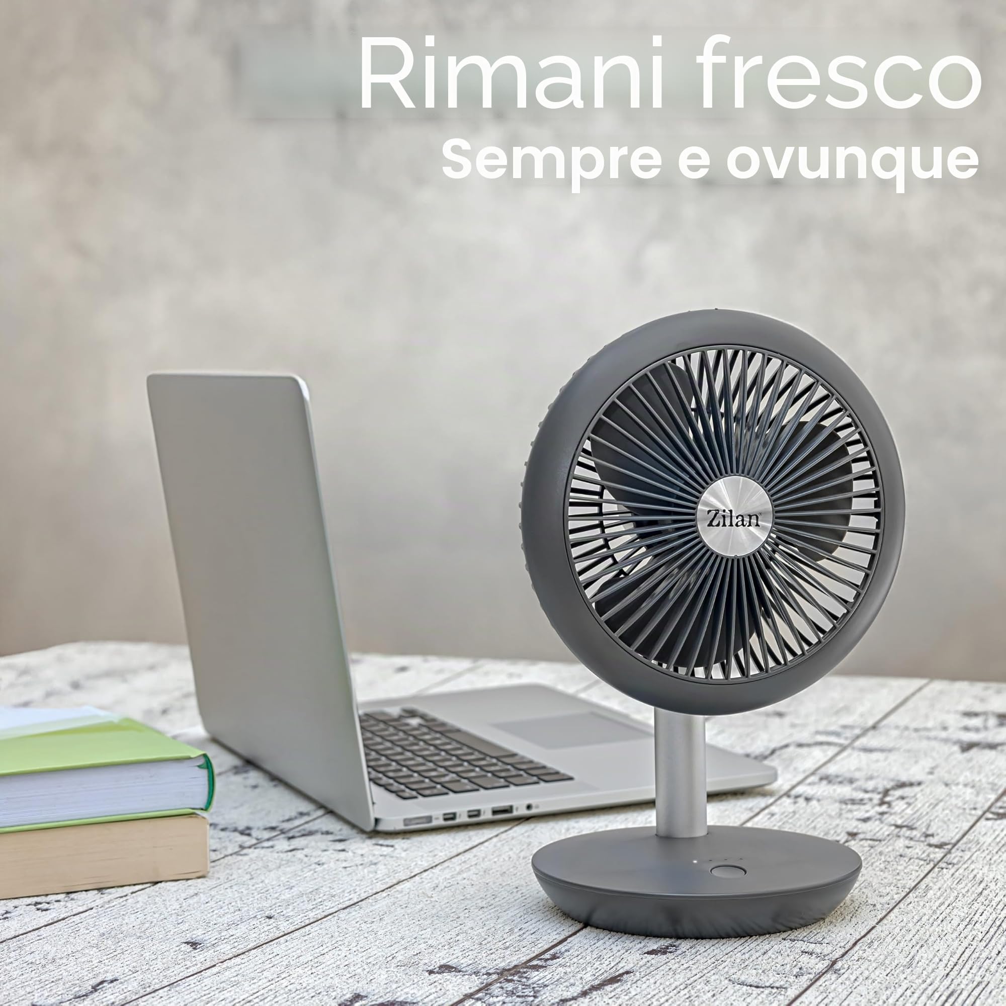 Zilan, Ventilatore da tavolo molto silenzioso, Batteria 4000 mAh | Ventilatore | inclinabile a 90° | Ventilatore da scrivania | Aeratore | Raffreddatore ad aria | 4 livelli, 15h senza fili
