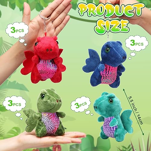 Miniatura 2 de 12 piezas de animales de peluche de dragón a granel, lindo llavero de peluche de dinosaurio, adorable peluche de dragón para cumpleaños de niños