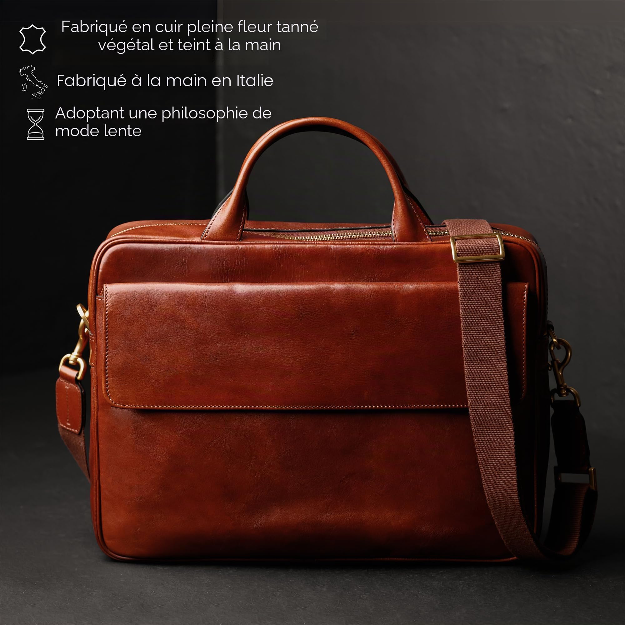 Time Resistance Cartable en Cuir Sacoche en Cuir pour Ordinateur Portable Fait Main en Italie - Cartable pour Hommes et Femmes - Serviette Professionnelle pour Ordinateur