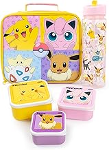 Pokémon Sac à Lunch Filles | Ensemble de 5 pièces pour enfants avec sac à dîner zippé, bouteille d'eau et pot à snacks en rose et jaune | Personnages Pikachu, Jiggly Puff, Eevee, Togepi