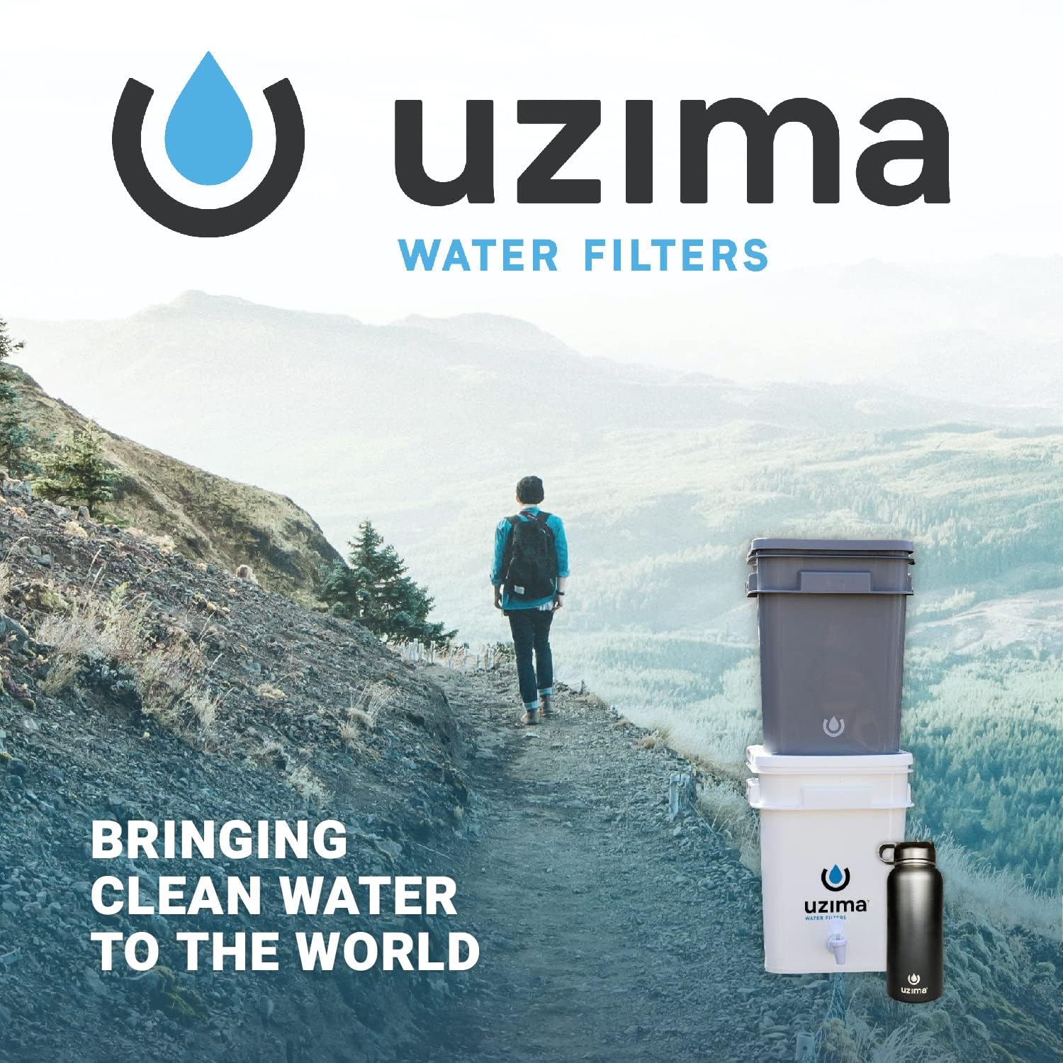 Uzima UZ-2 Filtre à eau portable pour camping, capacité de 18 litres, filtration rapide, fonctionnement manuel, autoportant, pichet, unité de purification d'eau