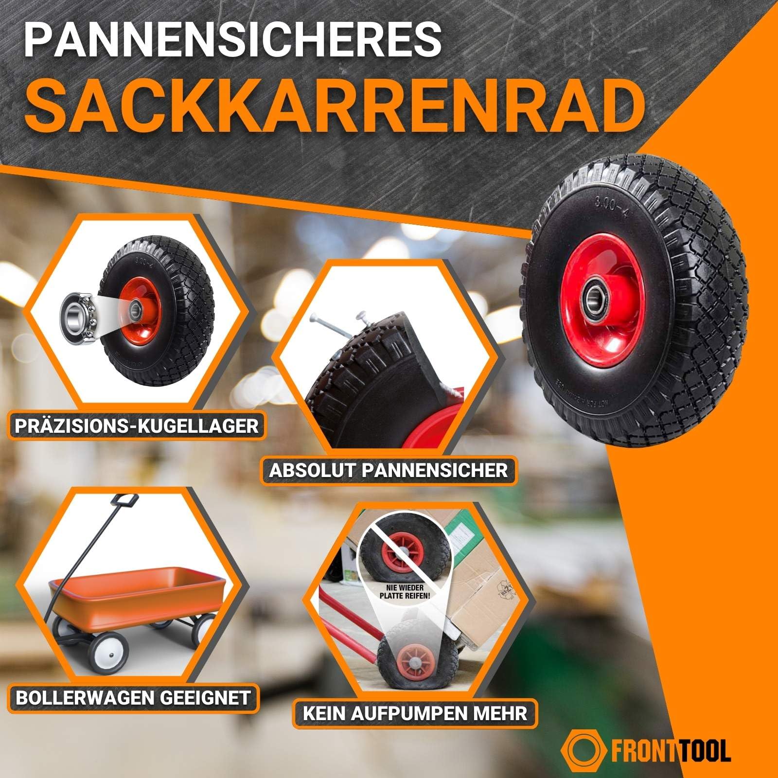 Brandless Sackkarrenrad 4er Set | Vollgummi Ersatzrad Pannensicher | 110kg | Nabenlänge 75mm & 20mm Achsbohrung | Belastbare Gummimischung für Garten, Gewerbe & Industrie | Hoher Federungskomfort