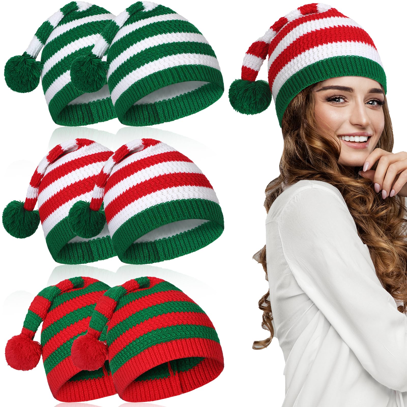 Funtery 6 Pcs Christmas Knitted Elf Hats Bulk Crochet Santa Hats Adults Holiday Beanies for Women Men Family(Striped)
