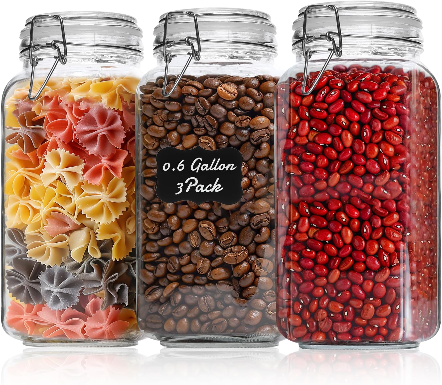 ComSaf Airtight Glass Canister Set of 3 with Lids 78oz Food Storage Jar Square - Storage Container with Clear Preserving Seal Wire Clip Fastening for Kitchen Canning Cereal,Pasta,Sugar,Beans,Spice