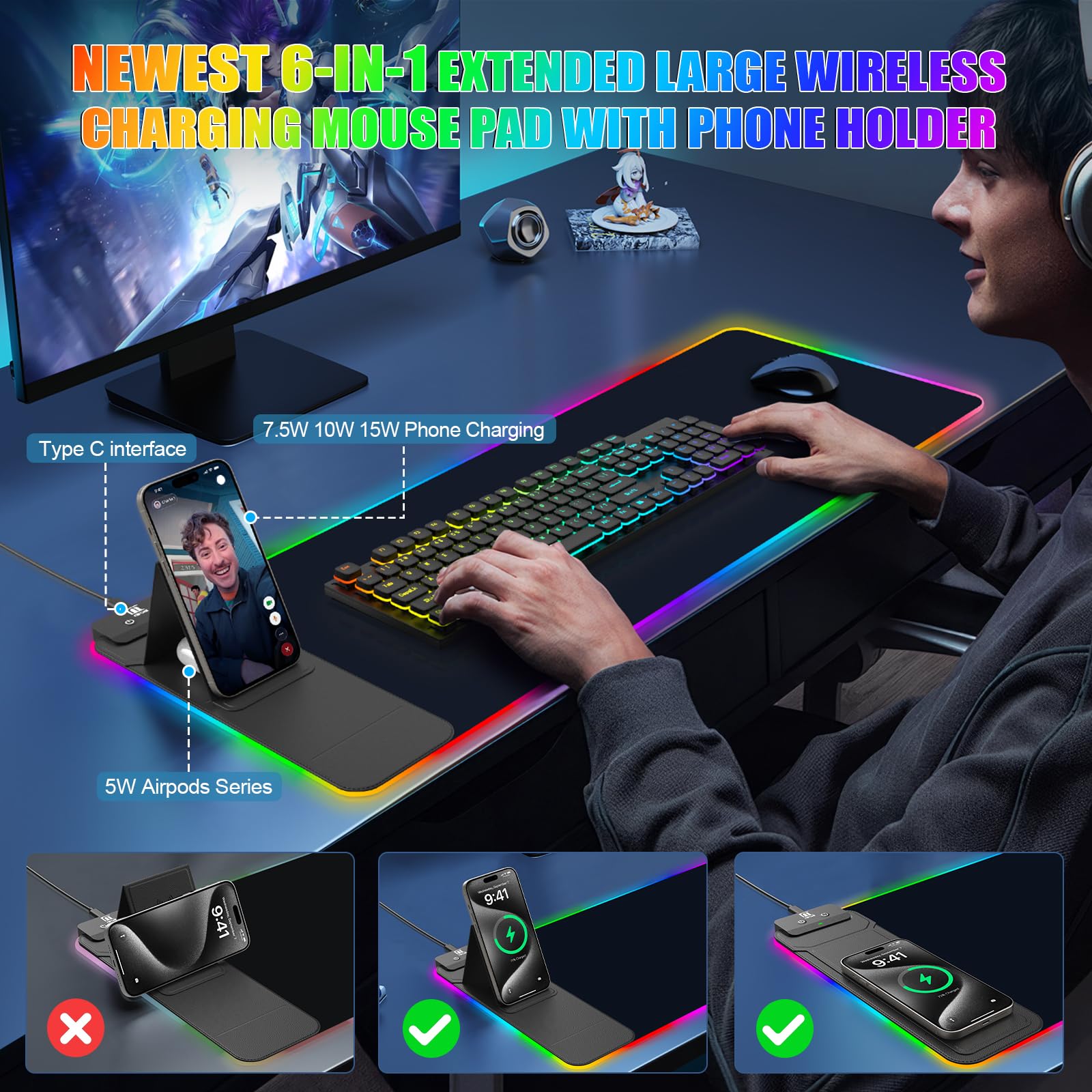Alfombrilla de mouse RGB con soporte plegable para teléfono y cargador inalámbrico, 31.5 x 11.8 pulgadas, XL para juegos, alfombrilla de escritorio grande con doble carga para teléfono y AirPods, 11