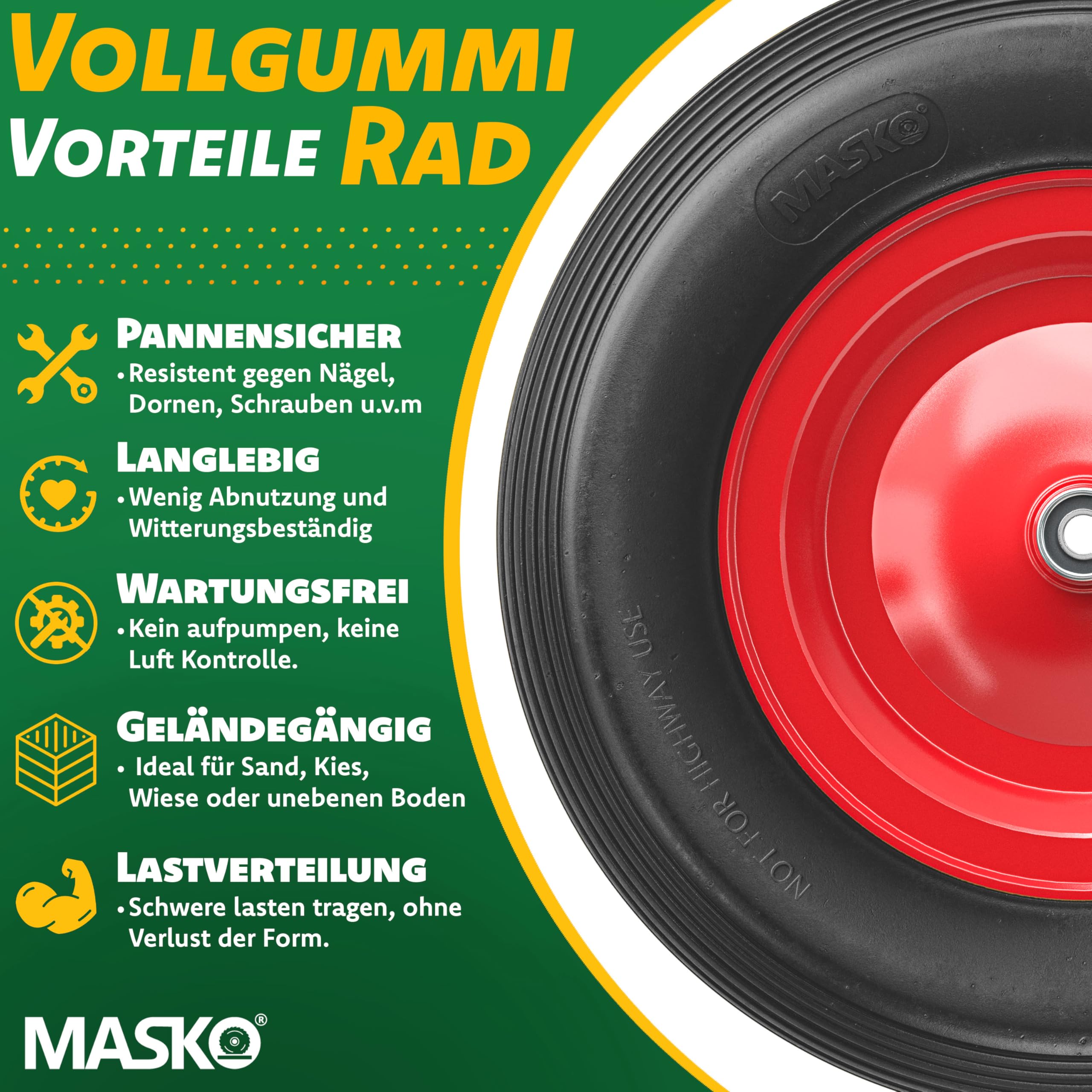 MASKO® Rueda de Carretilla de PU 200 kg sin aire 4.80/4.00-8 Ø 390mm Eje de Repuesto para Rueda de Goma de Acero Neumático sin aire para Carretilla de Jardín Rueda de PU Antipinchazos Negro/Rojo