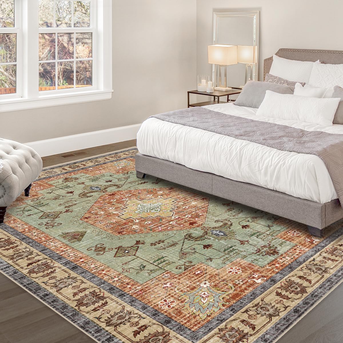 Boho Teppich 2,4x3,4 M – Waschbar, Rutschfest, Violett-grün Mit Blumenmuster