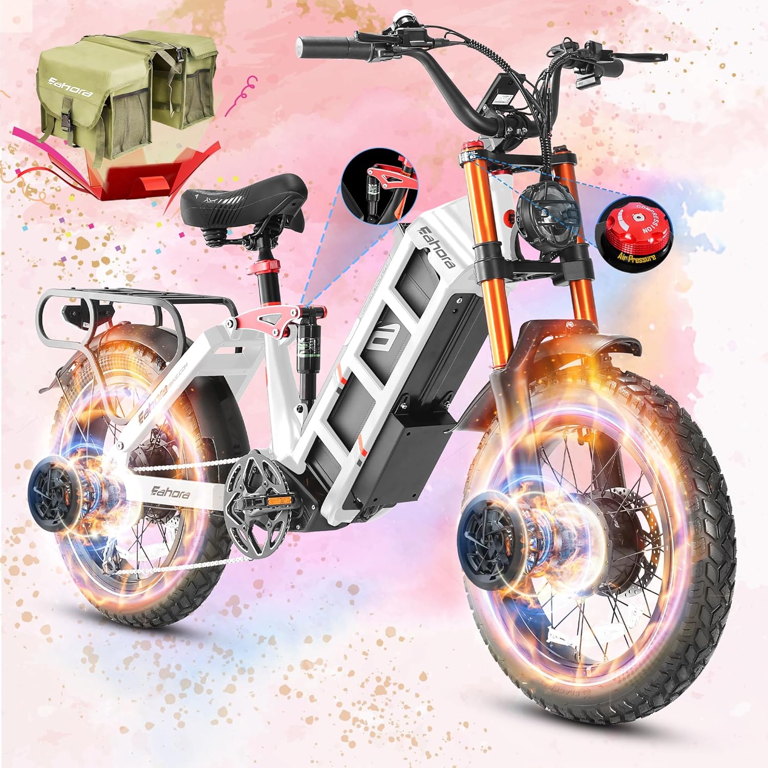 eAhora 2025 Lanuch Juliet Pro 2 Electric Bike for Adults 5400W Dual Motor 43MPH 60V 70AH 200+Miles Long Range Ebike,20" Fat Tire Full Suspension Electric Bicycle for Commute,APP Control Bag White