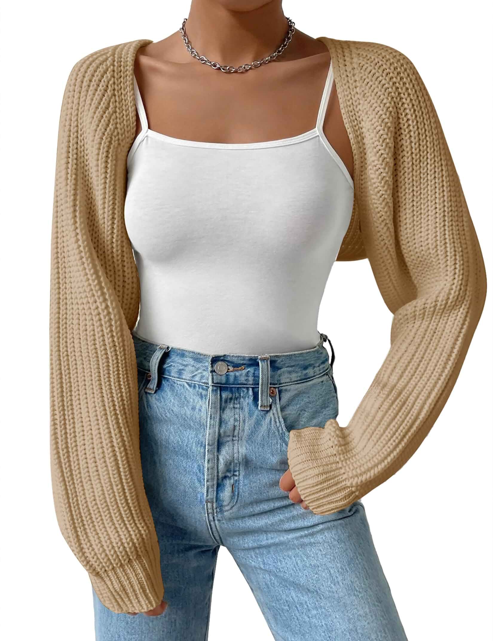 SECRETEYARD Women's Long Sleeve Open Front Knitted Crop Cardigan Drop Shoulder Knit Bolero Shrug Sweater