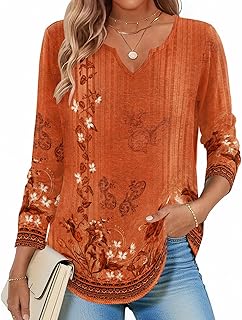 Long Sleeve Shirts for Women Fall V Neck Tops Casual Dressy Blouse Boho Tunic Business Work Clothes School Outfit