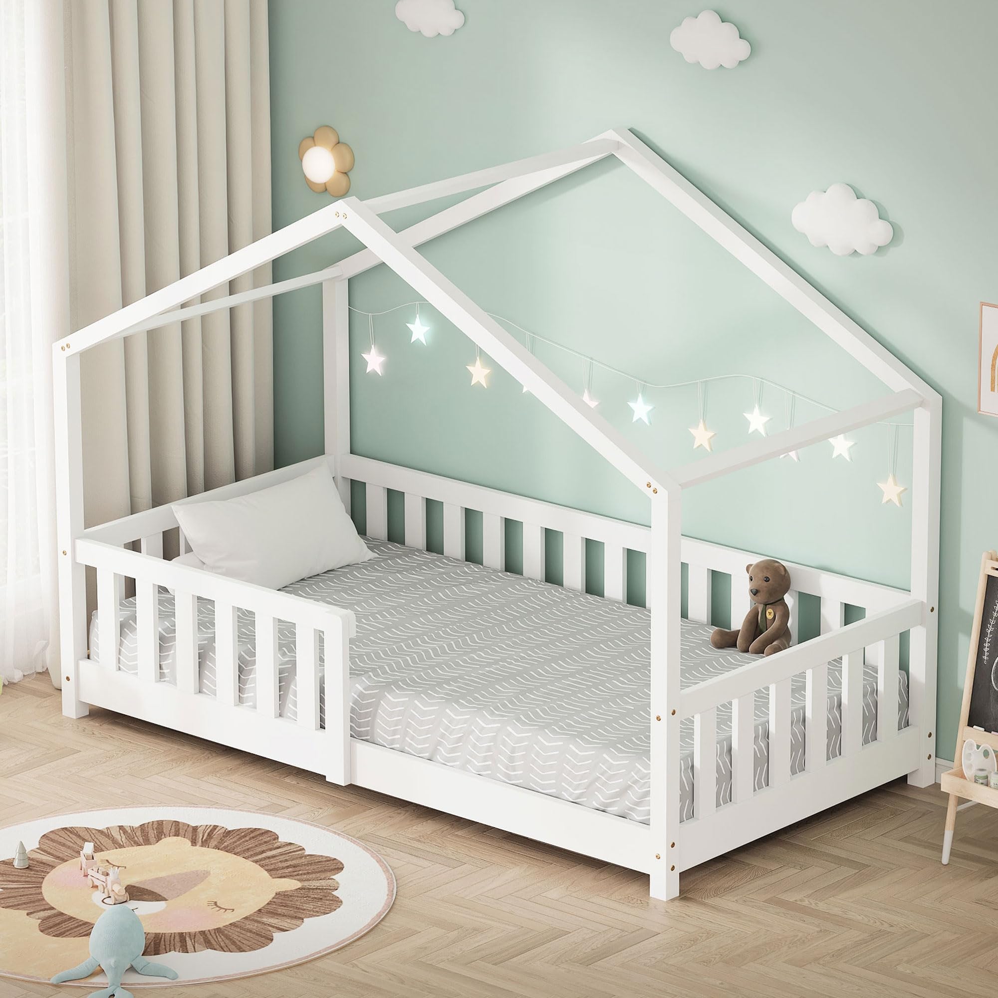 ML-​Design Lit Cabane d'enfant 80x160 cm Blanc en Pin Massif avec Protection Antichute, Toit et Sommier à Lattes, Style Maison, Couchage au Sol Montessori Cadre pour Fille Garçon Chambre à Coucher