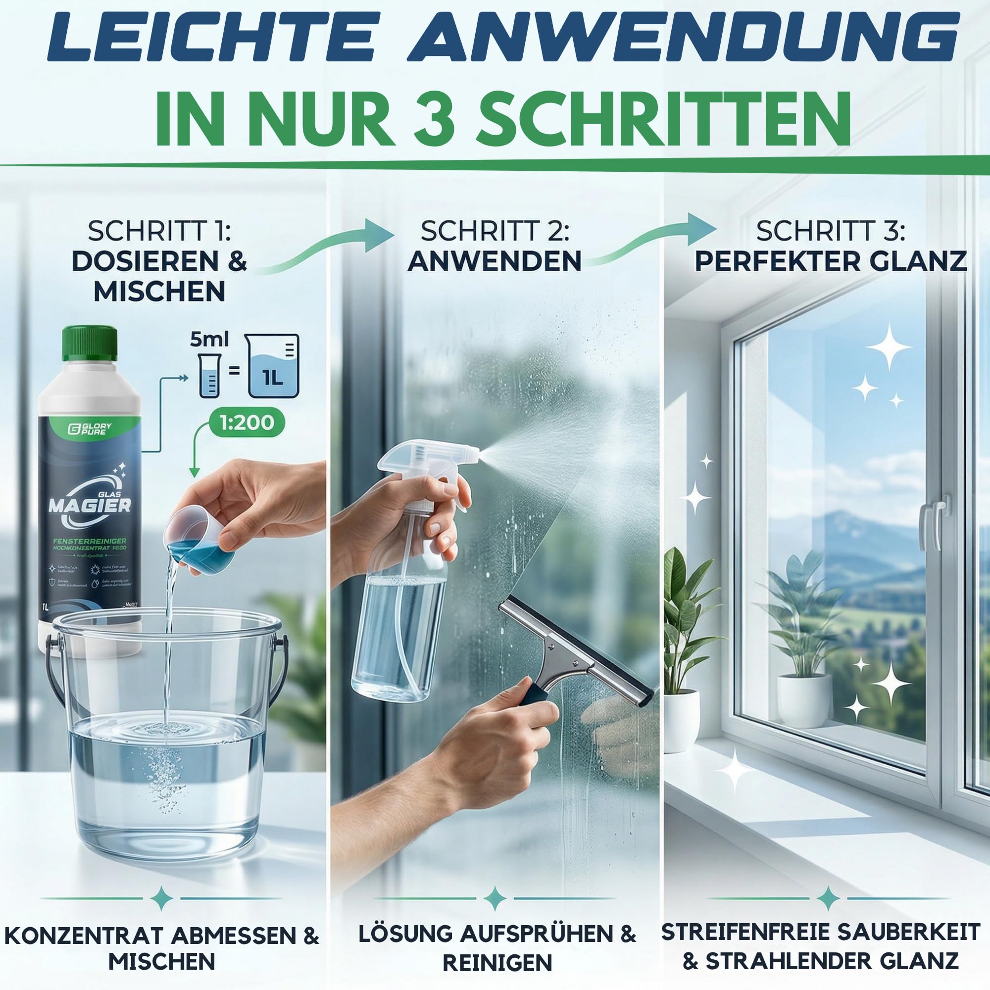 GLAS-MAGIER Fenster-Reiniger 200-fach Hochkonzentrat in Profi-Qualität | Streifenfreie Sauberkeit, materialschonend, sehr ergiebig | Exzellent auch für Fenster-Sauger