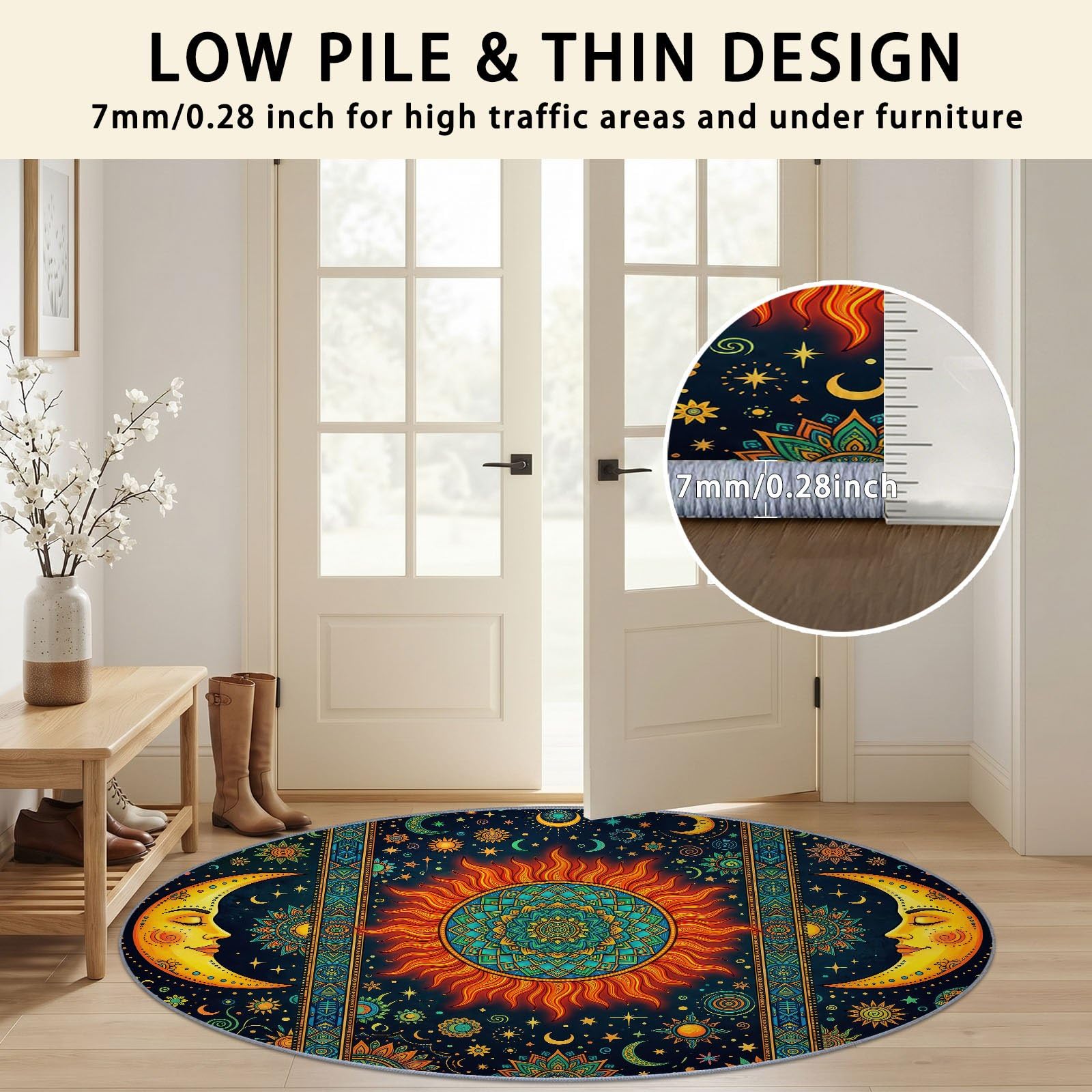 Okrągły dywan w stylu boho, etniczny, zmywalny, 160 cm, słońce, księżyc, mandala, gwiazdy, sztuczna wełna, antypoślizgowy, pomarańczowy, okrągły dywan do salonu, sypialni, pralni, dekoracja