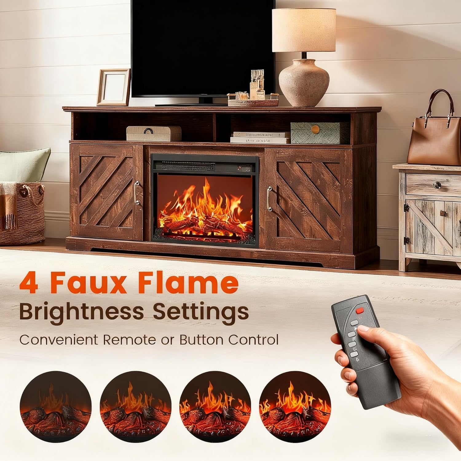 Remote control and four flame brightness settings for the electric fireplace.
