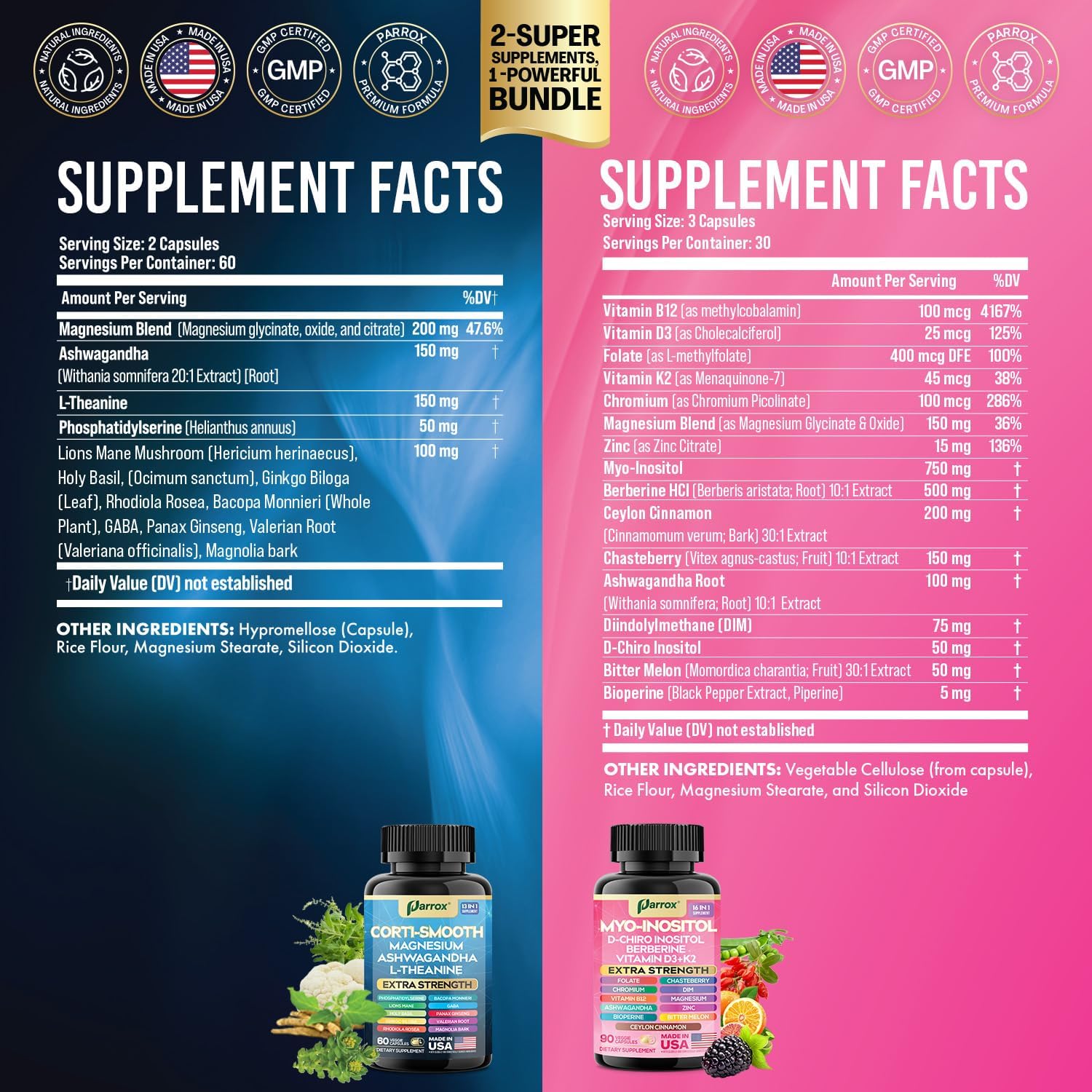 Cortisol & Myo-Inositol Supplement Bundle, Soothe & Smooth Bundle, 13-in-1 Cortisol Balance, Magnesium, Ashwagandha, L-Theanine, D-Chiro Inositol, Folate, Berberine, Chasteberry (150 Capsules) - Image 2