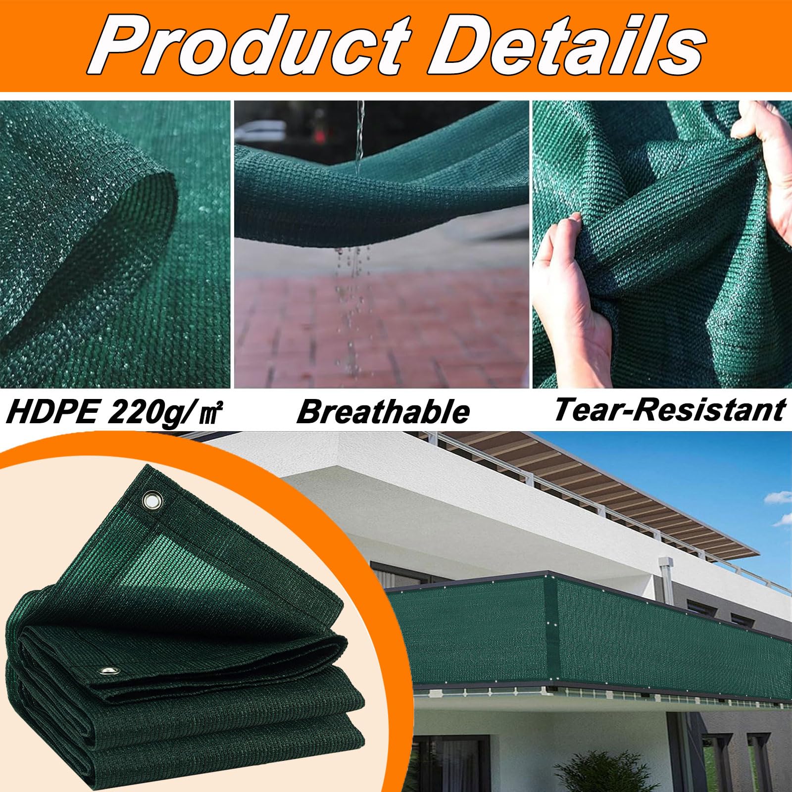GUOJUN Balkon Sichtschutz Wetterfest 100 x 820 cm Windschutz HDPE Atmungsaktiv Balkonverkleidung Balkonsichtschutz Balkonbespannung mit Kabelbinder Ösen Privatsphäre Ohne Bohren, Dunkelgrün