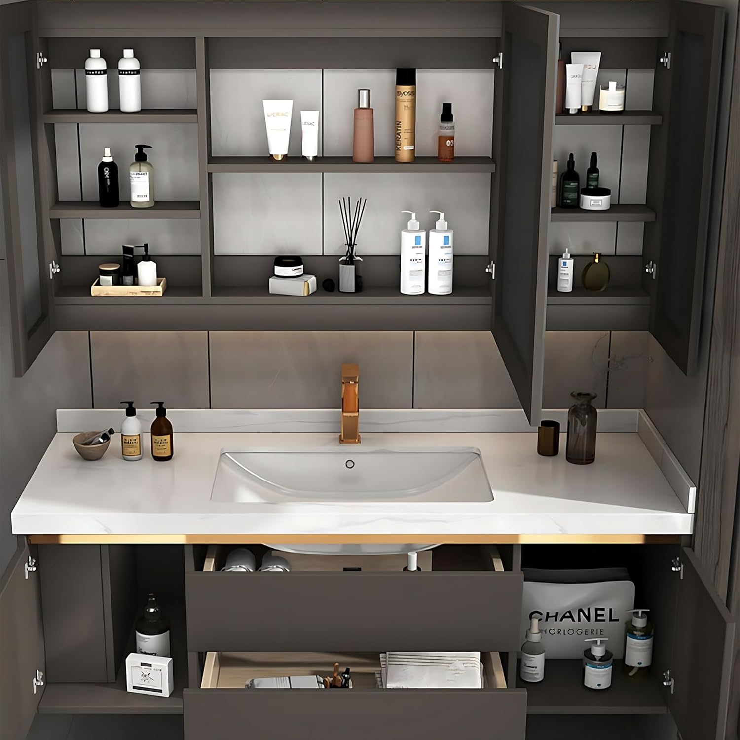 Bathroom Vanity with Sink - Floating Bathroom Vanity Contains LED Smart Mirror Cabinet | Wall-Mounted | Large Storage Drawer | Multi-Layer Solid Wood (52")