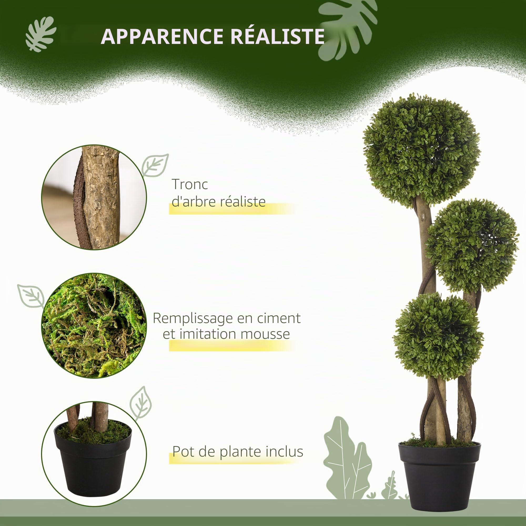 HOMCOM Arbres topiaires artificiels Anti-UV en Pot 90cm Vert Clair | Boule de buis, plantes artificielles, décoration intérieure et extérieure
