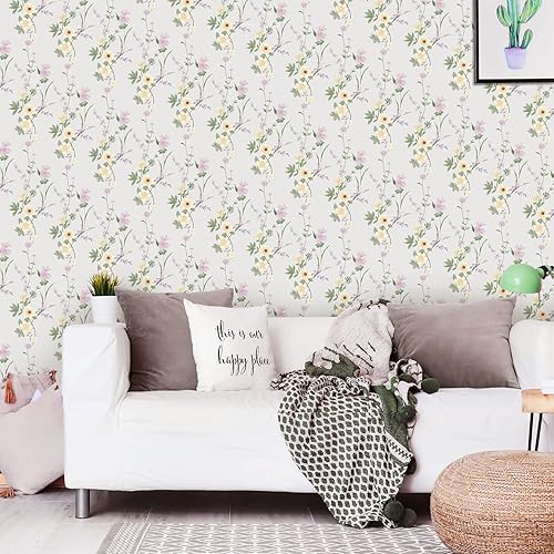 Miniatura 5 de LiveGallery Papel tapiz de flores amarillas, papel tapiz de hojas verdes, papel tapiz extraíble para dormitorio, cuarto de bebé, sala de estar, TV,